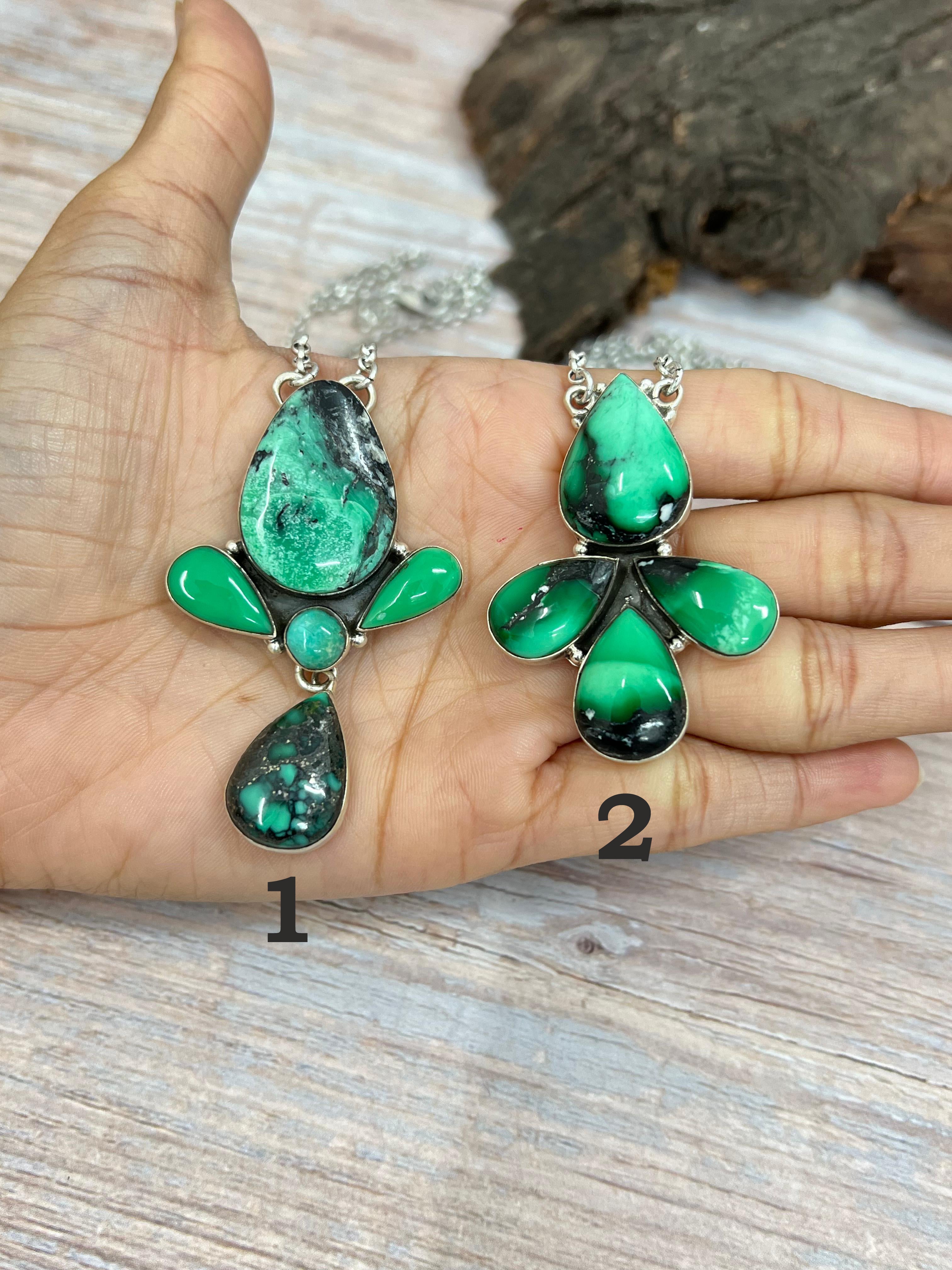 Handmade Sterling Silver Emerald Rose Necklace with Signed Nizhoni