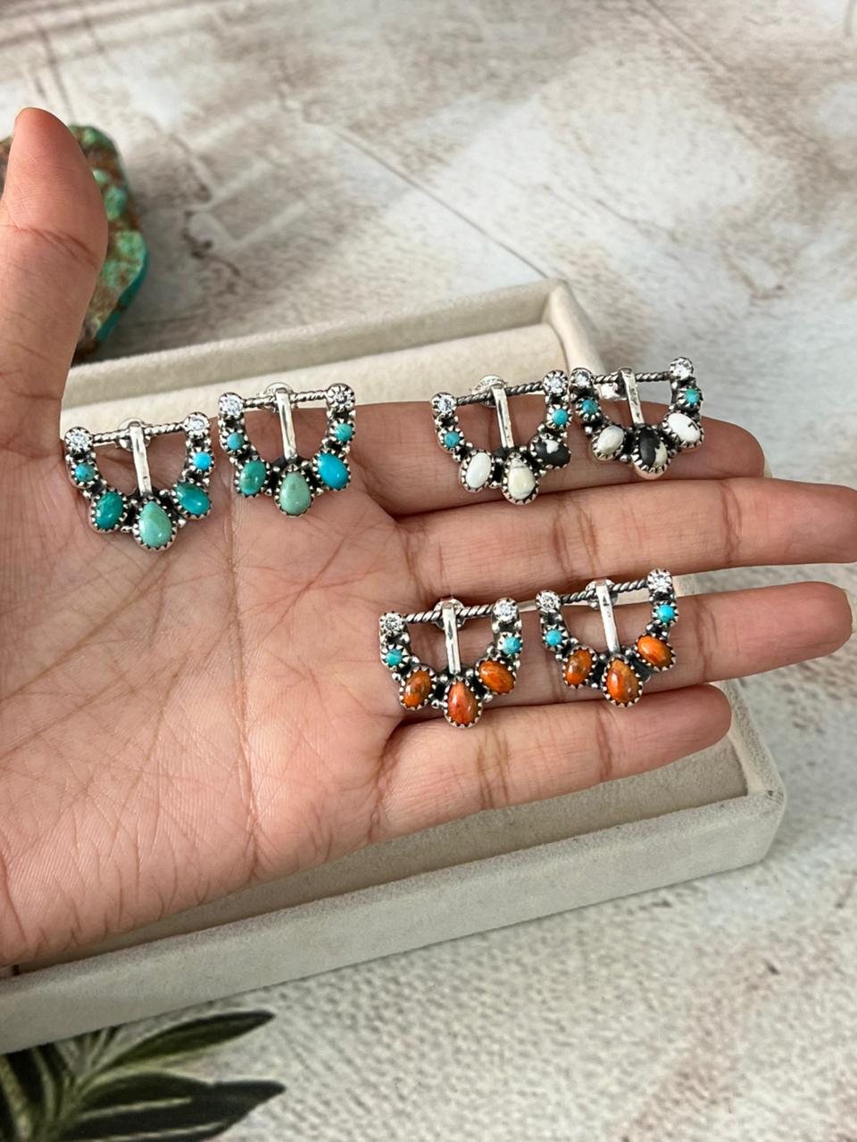 Handmade Sterling Silver Multi Stone Buckle Post Studs Earrings "Signed Nizhoni"