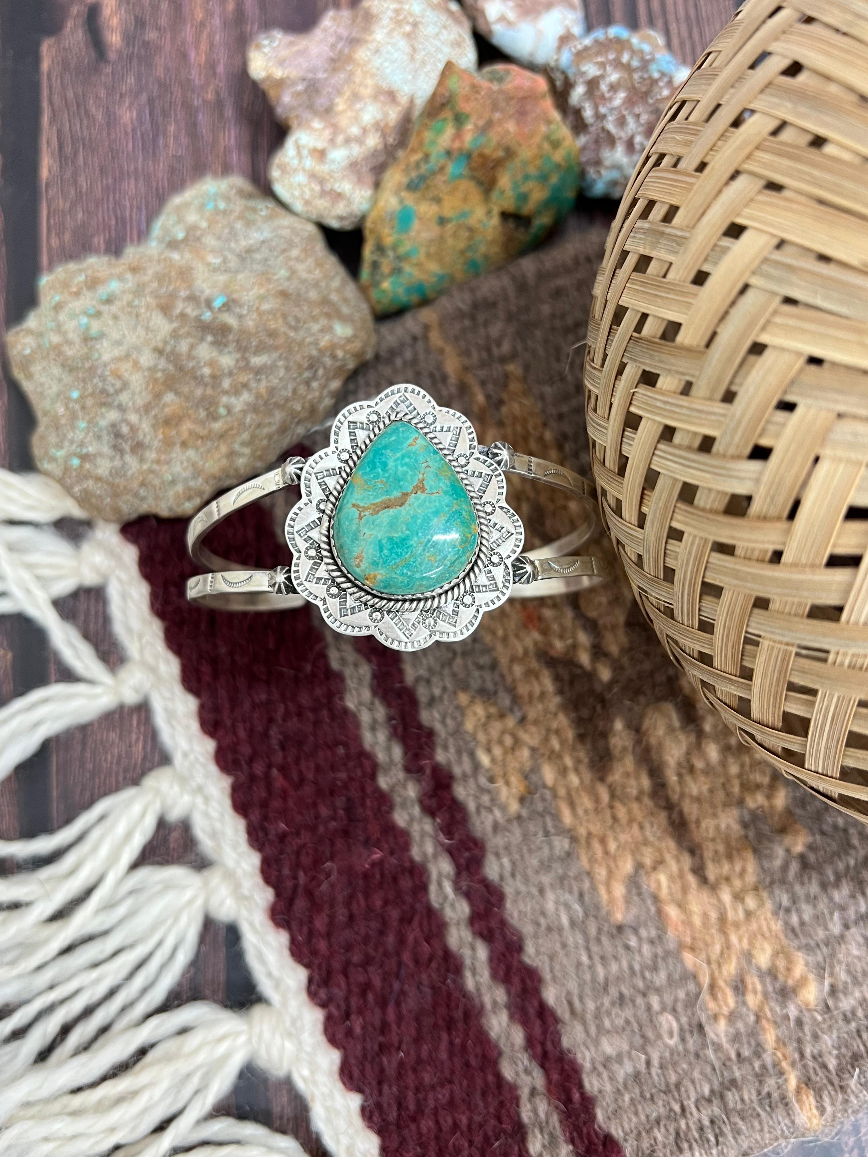 Handmade Sterling Silver Royston Turquoise Cuff Bracelet with Signed Nizhoni