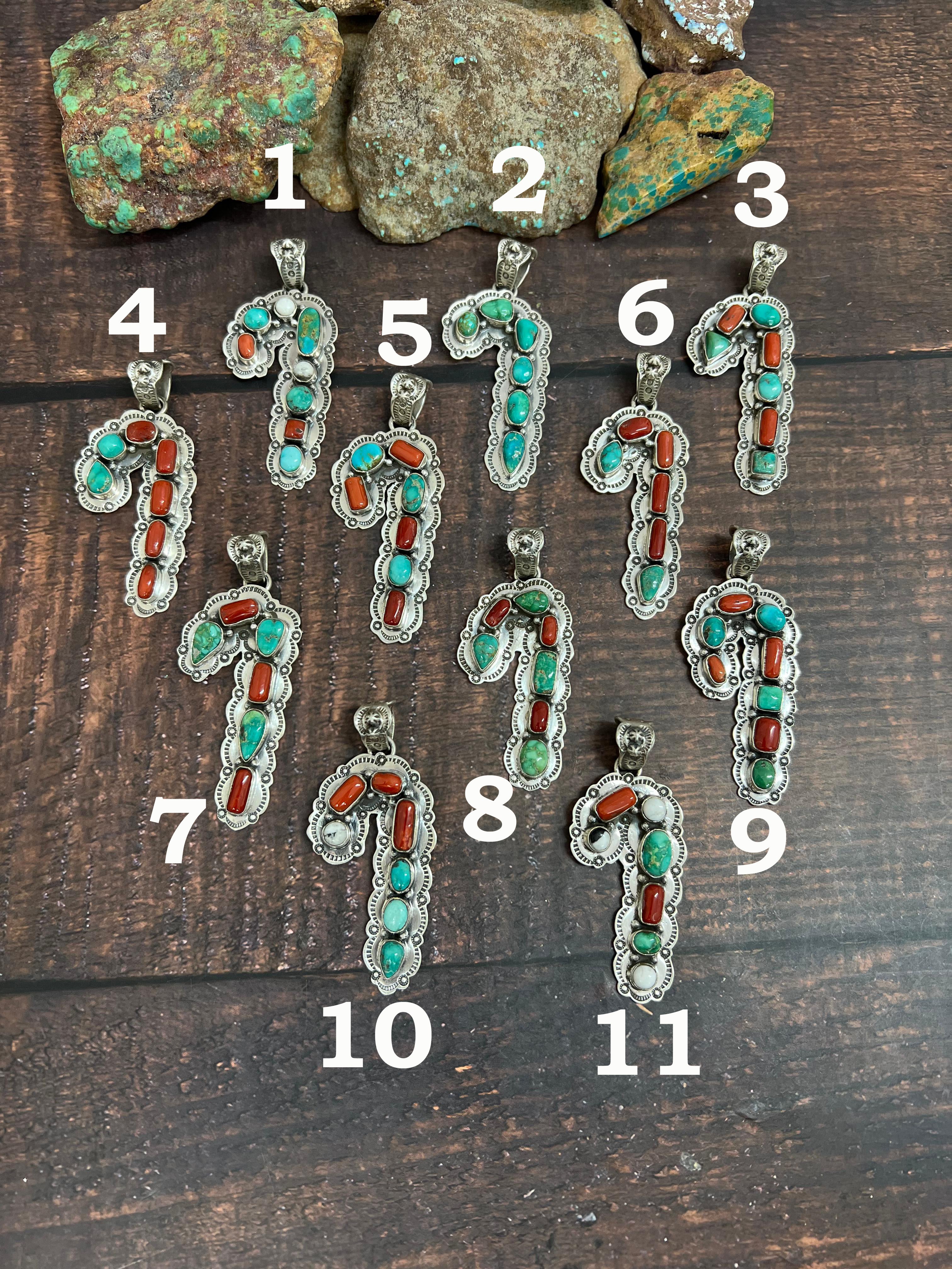 Handmade Sterling Silver Multi Stones Candy Cane Pendant, Signed Nizhoni