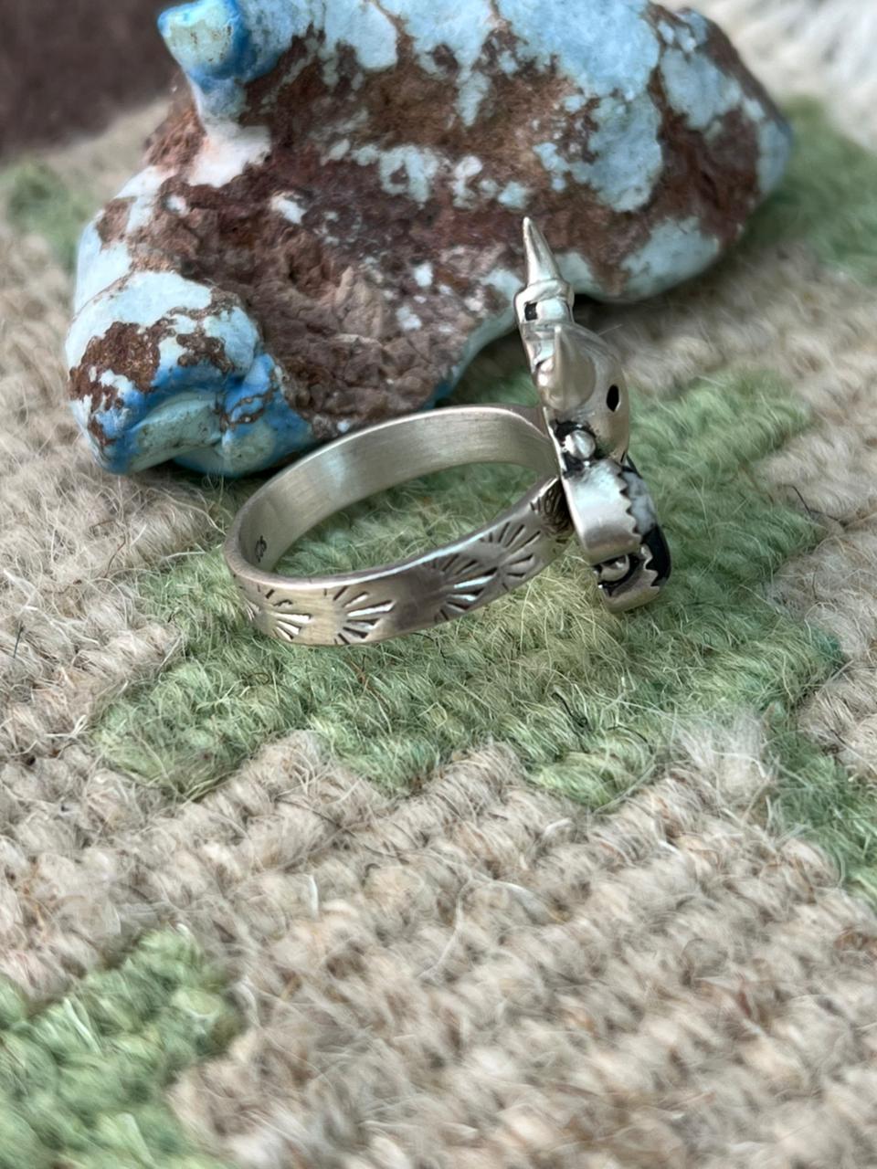 Handmade Sterling Silver White Buffalo Bull Adjustable Ring "Signed Nizhoni"