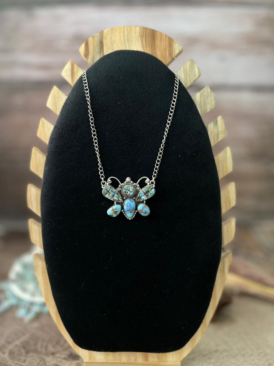 Handmade Sterling Silver 'Golden Hills Turquoise Cobble Collection' Butterfly Necklace "Signed Nizhoni"