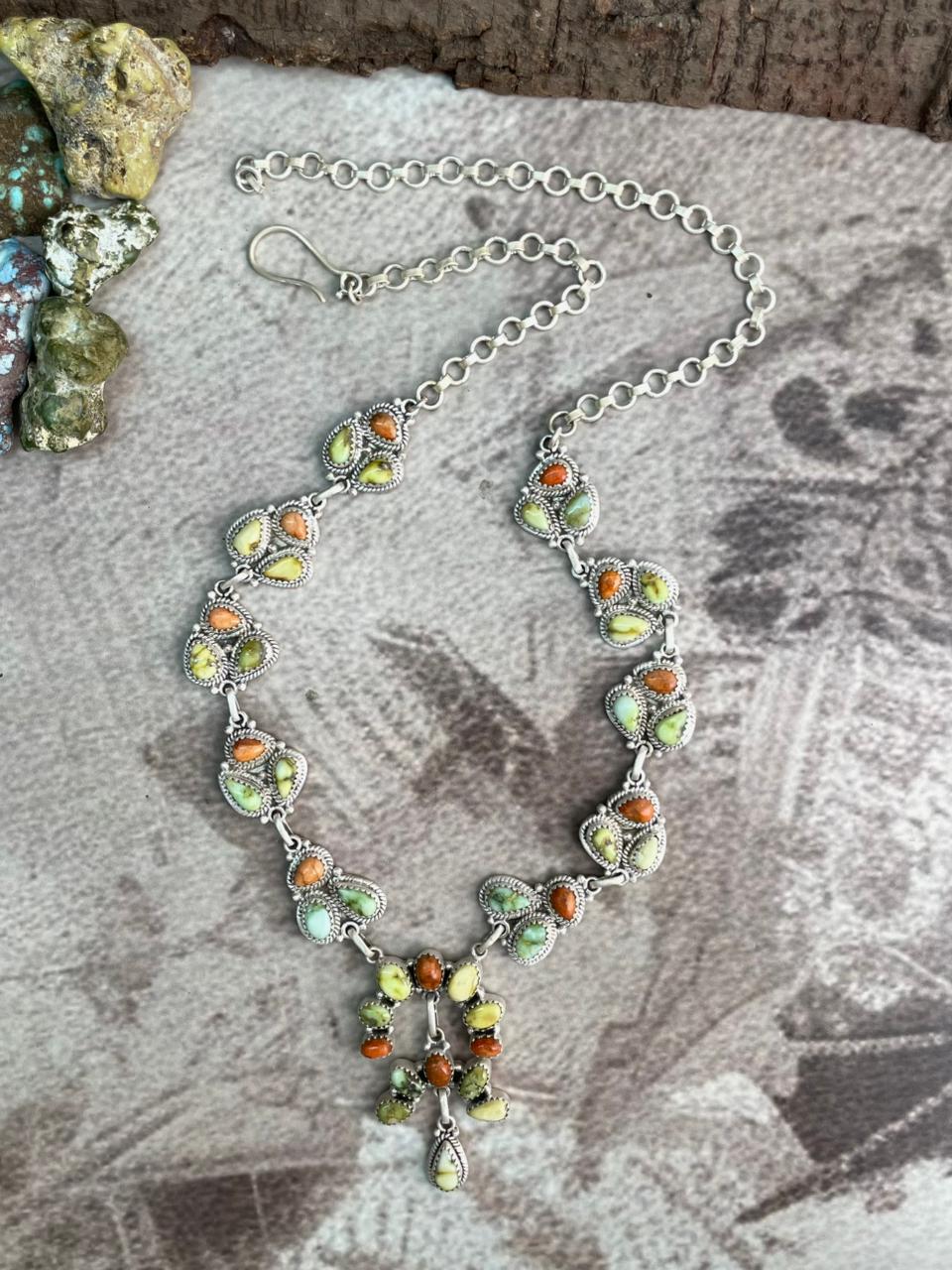 Handmade Sterling Silver Apple Coral and Palomino Necklace "Signed Nizhoni"