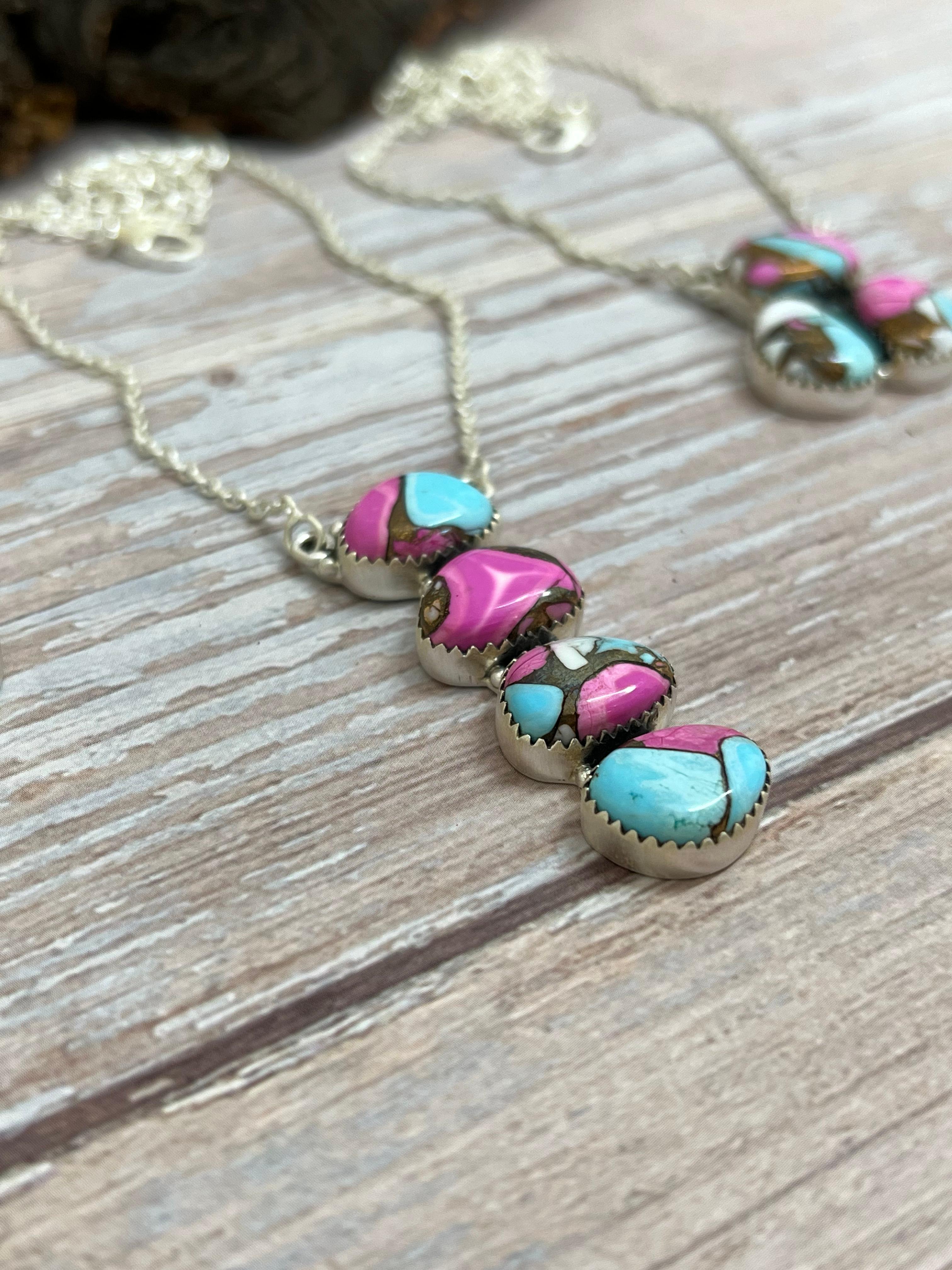 Handmade Sterling Silver Cotton Candy Turquoise Necklace with Signed Nizhoni