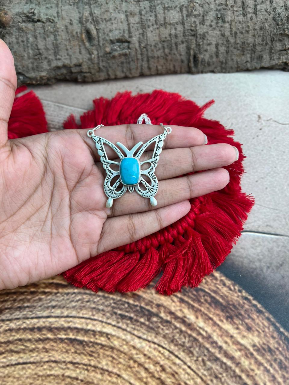 Handmade Sterling Silver Kingman Turquoise Butterfly Necklace "Signed Nizhoni"
