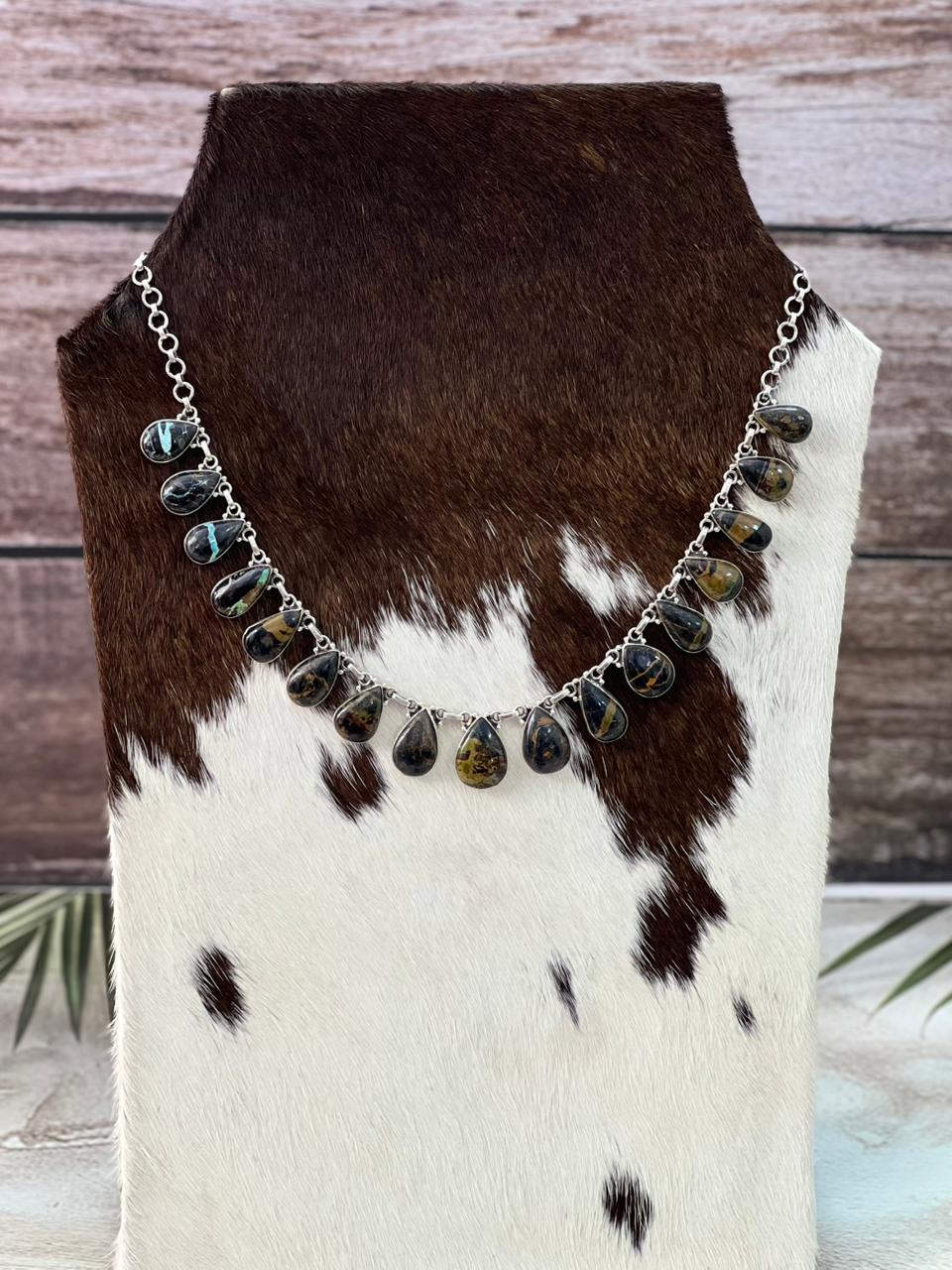 Handmade Sterling Silver Blackjack Turquoise Necklace "Signed Nizhoni"