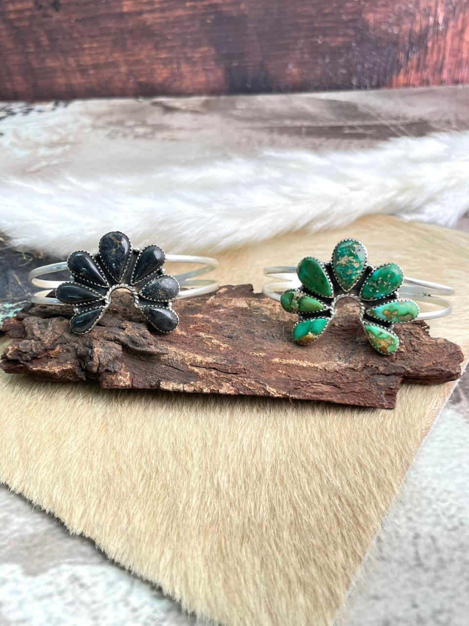 Handmade Sterling Silver Sonoran and Blackjack Turquoise Bracelet "Signed Nizhoni"