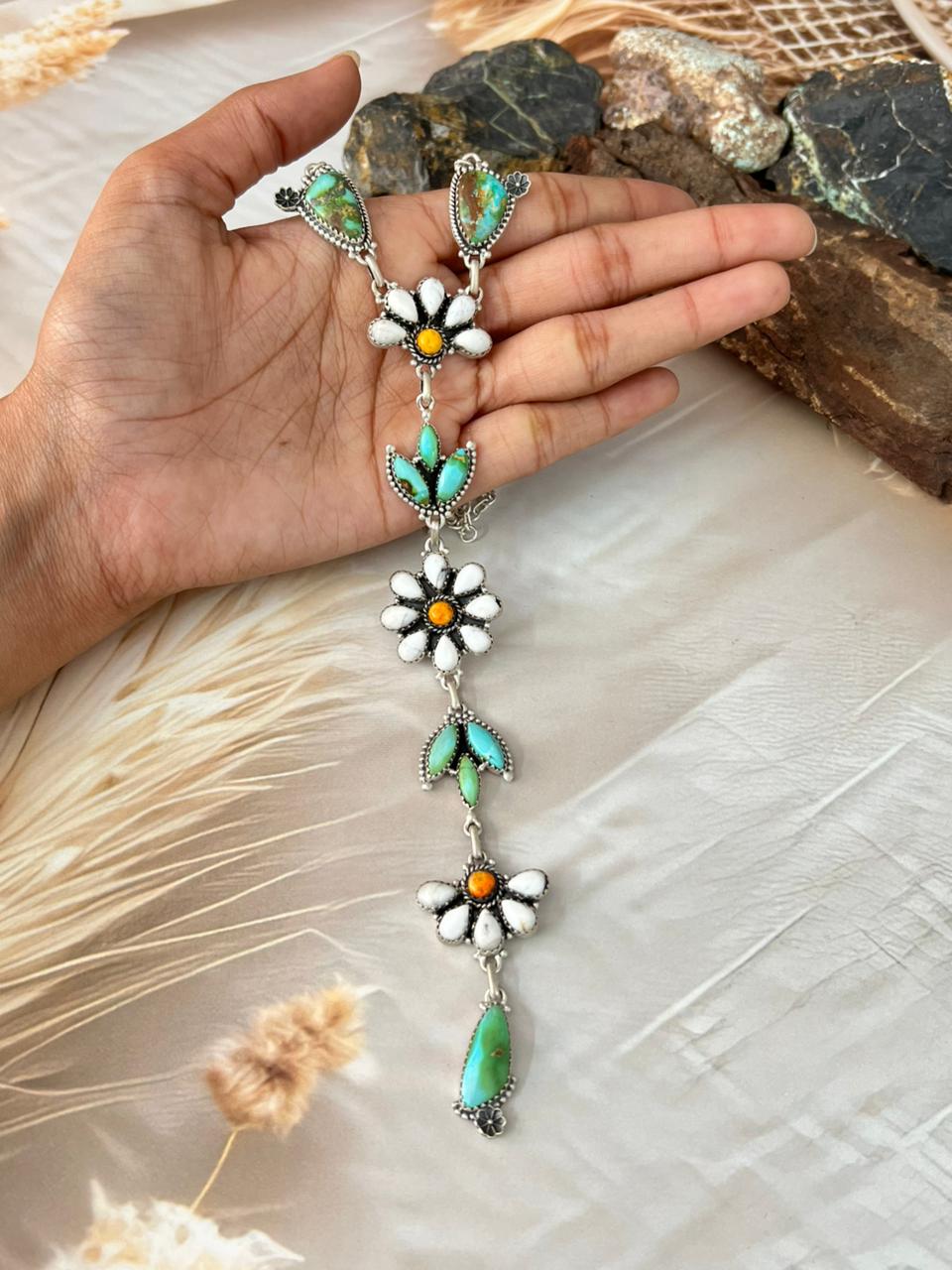Handmade Sterling Silver Spring Collection: White Buffalo with Bumblebee & Sonoran Mountain Turquoise Necklace "Signed Nizhoni"