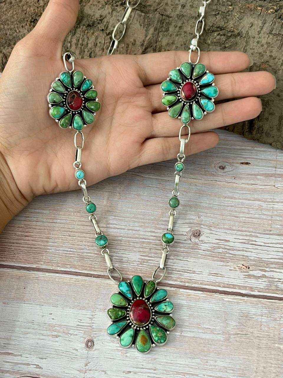 Handmade Sterling Silver Dahlia Rose with Emerald Valley Turquoise Necklace "Signed Nizhoni"