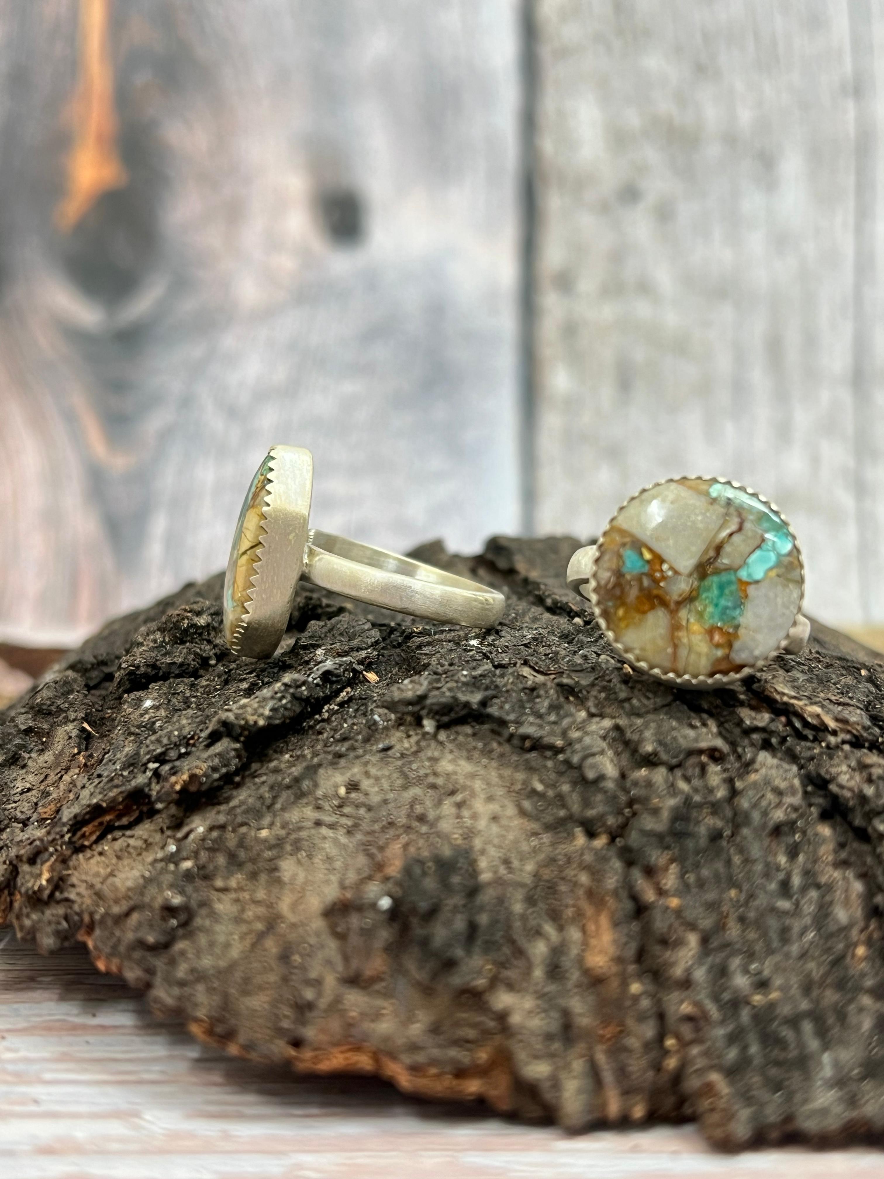 Handmade Sterling Silver Royston Turquoise Adjustable Ring with Signed Nizhoni