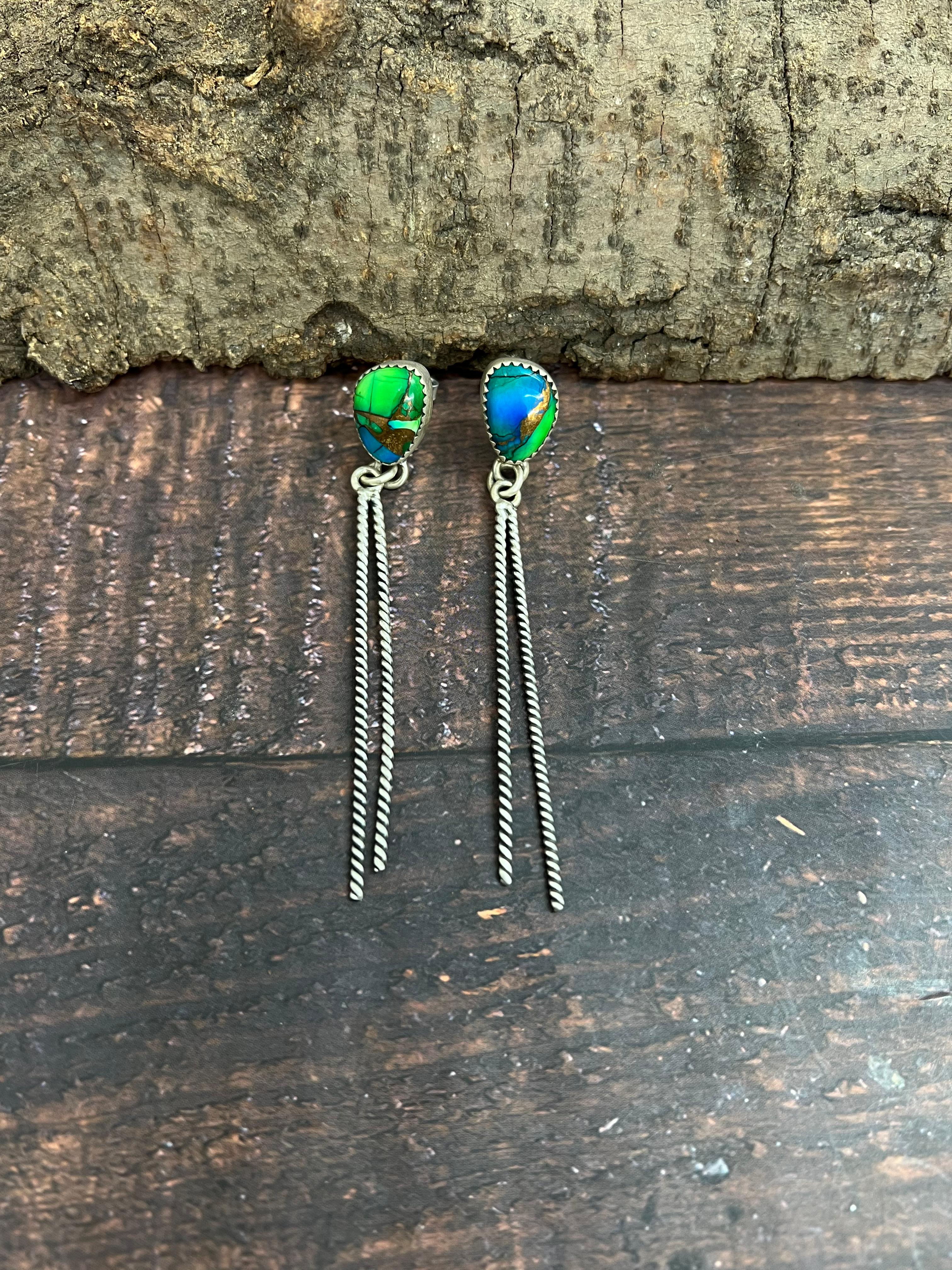 Handmade Sterling Silver Peacock Dahlia Post Earrings with Signed Nizhoni