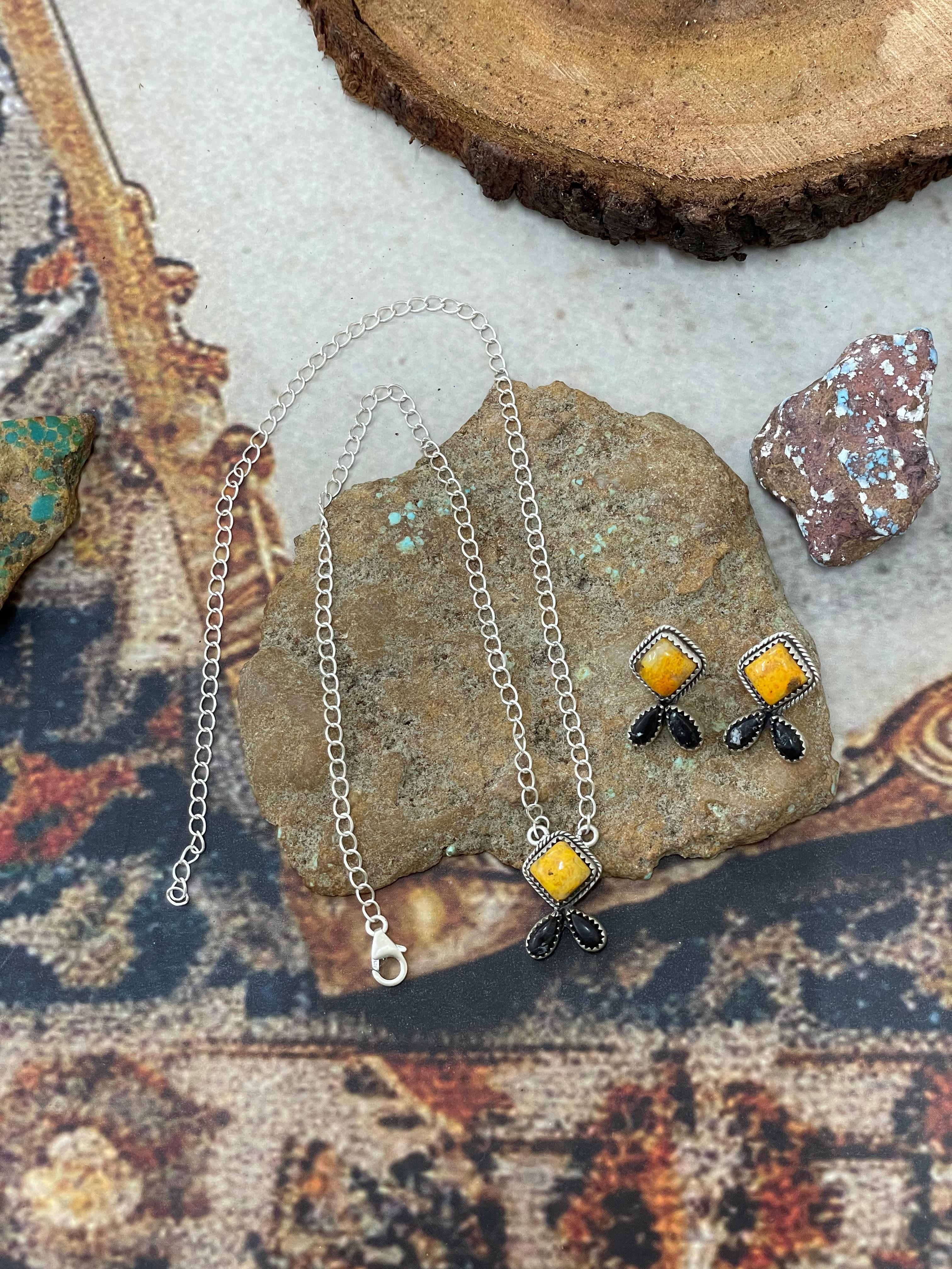 "Halloween Collection" Handmade Sterling Silver Black Onyx, Bumblebee Necklace Earring Set, Signed Nizhoni