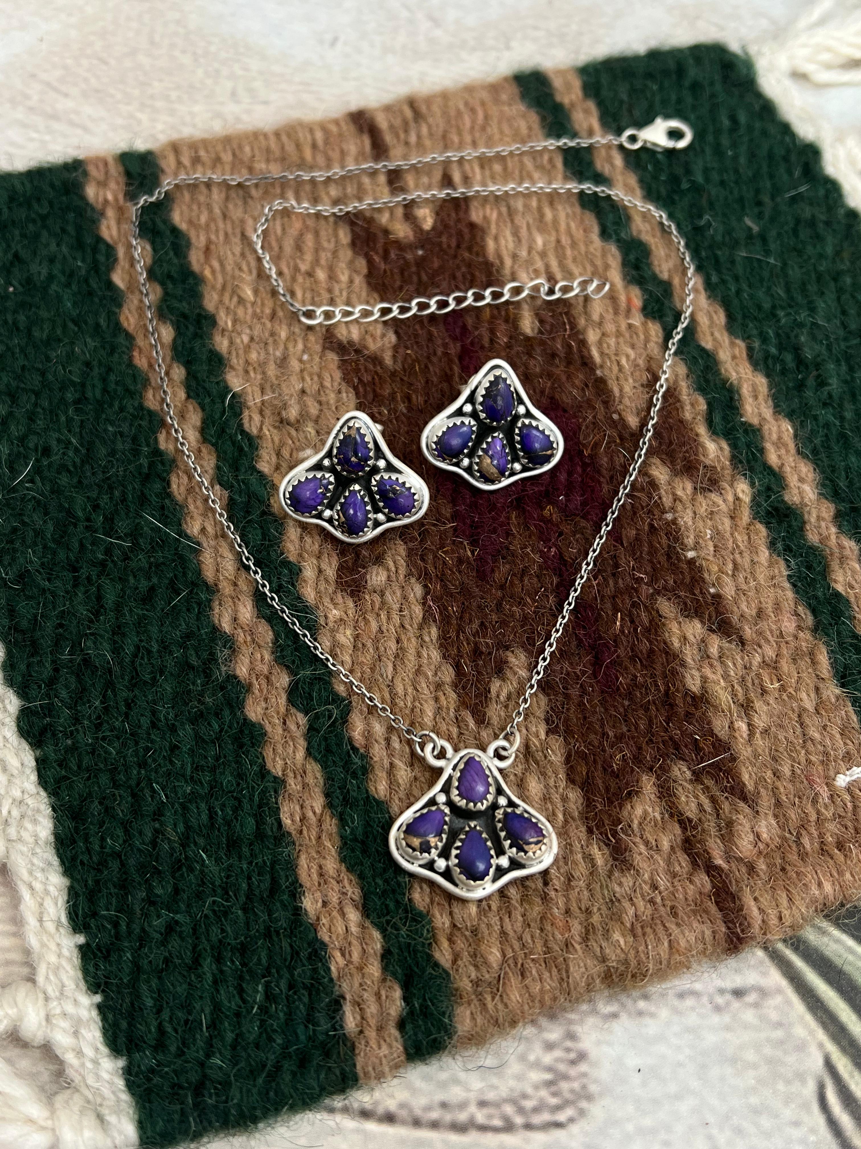 Handmade Sterling Silver Grape Dahlia Necklace Earrings Set, Signed Nizhoni