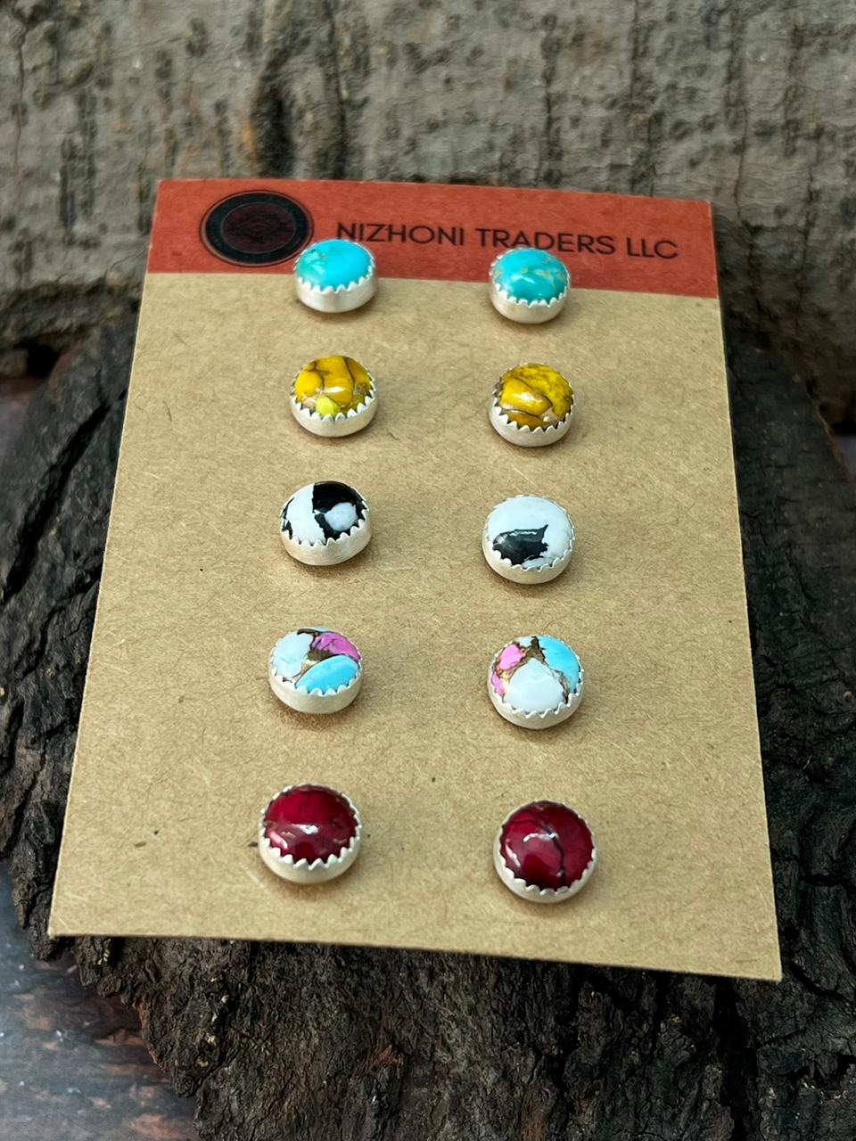 Handmade Sterling Silver Multi Stones Post Studs Earrings Set