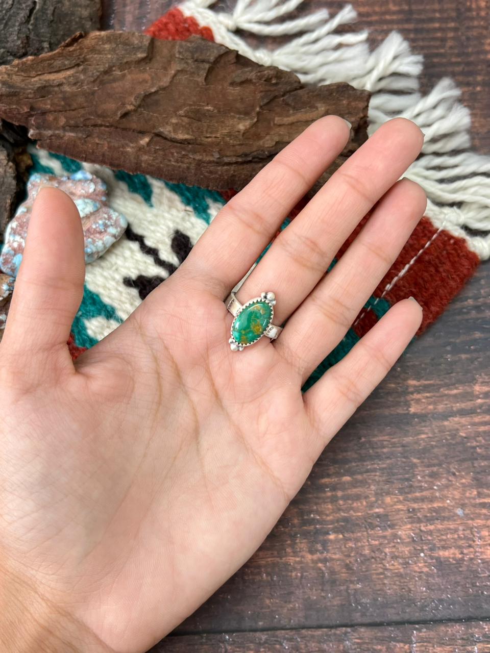 Handmade Sterling Silver Emerald Valley Turquoise Adjustable Ring " Signed Nizhoni" (7)