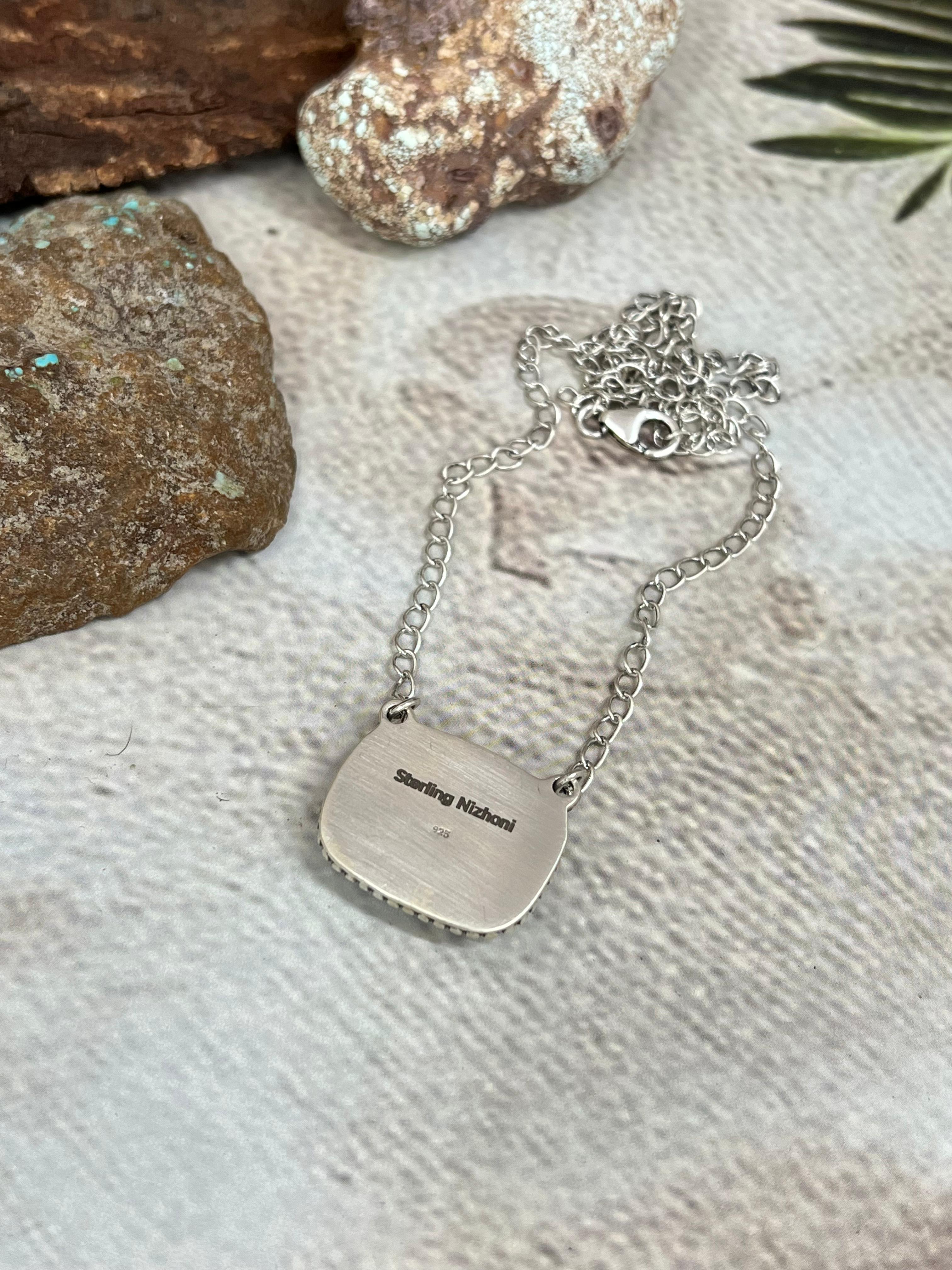 Handmade Sterling Silver Blackjack Turquoise Necklace Signed Nizhoni