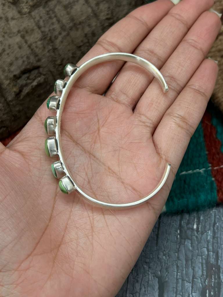 Handmade Sterling Silver Emerald Valley Turquoise Bracelet with Signed Nizhoni