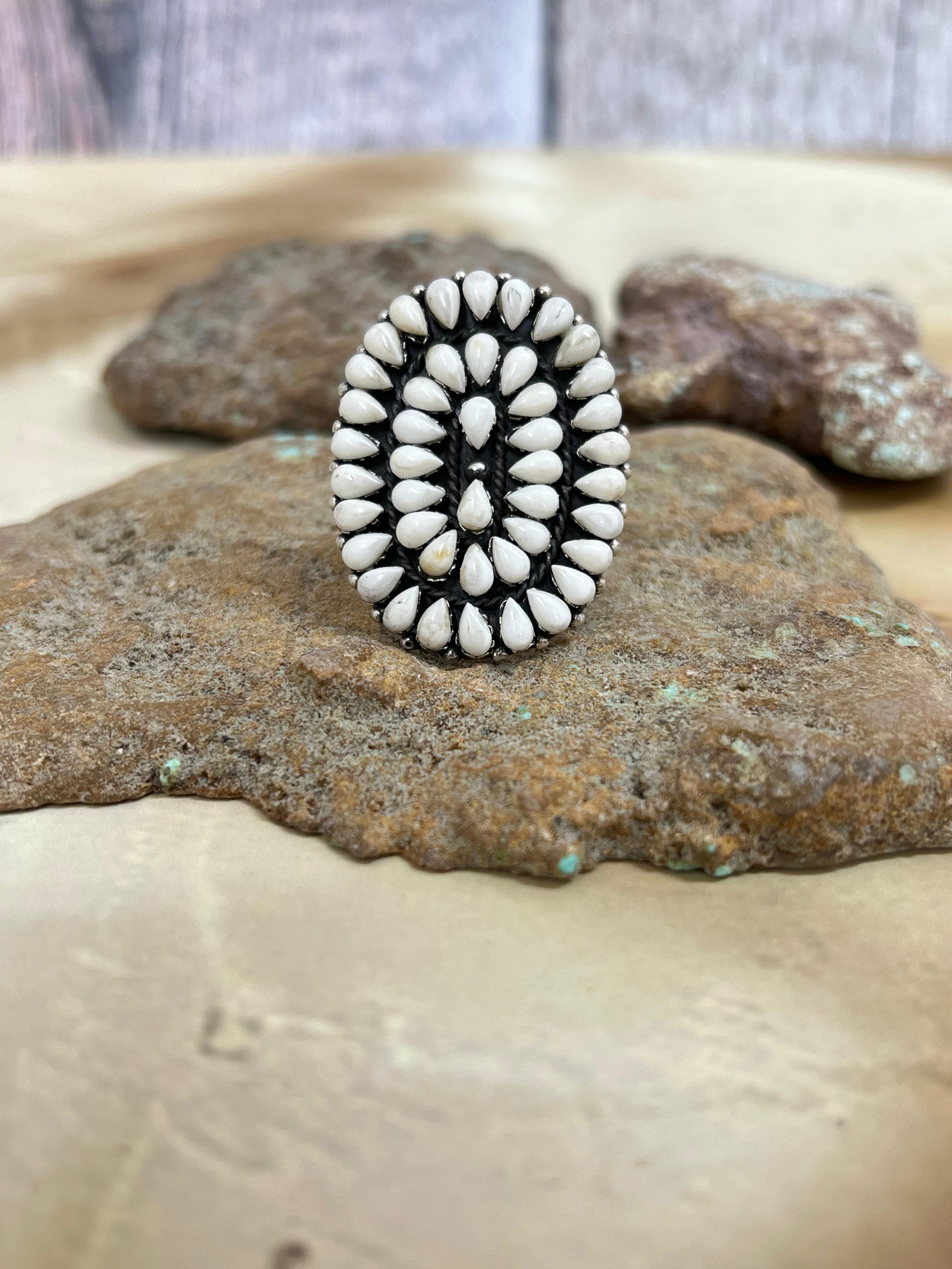 Handmade Sterling Silver White Buffalo Turquoise Adjustable Ring with Signed Nizhoni (1)