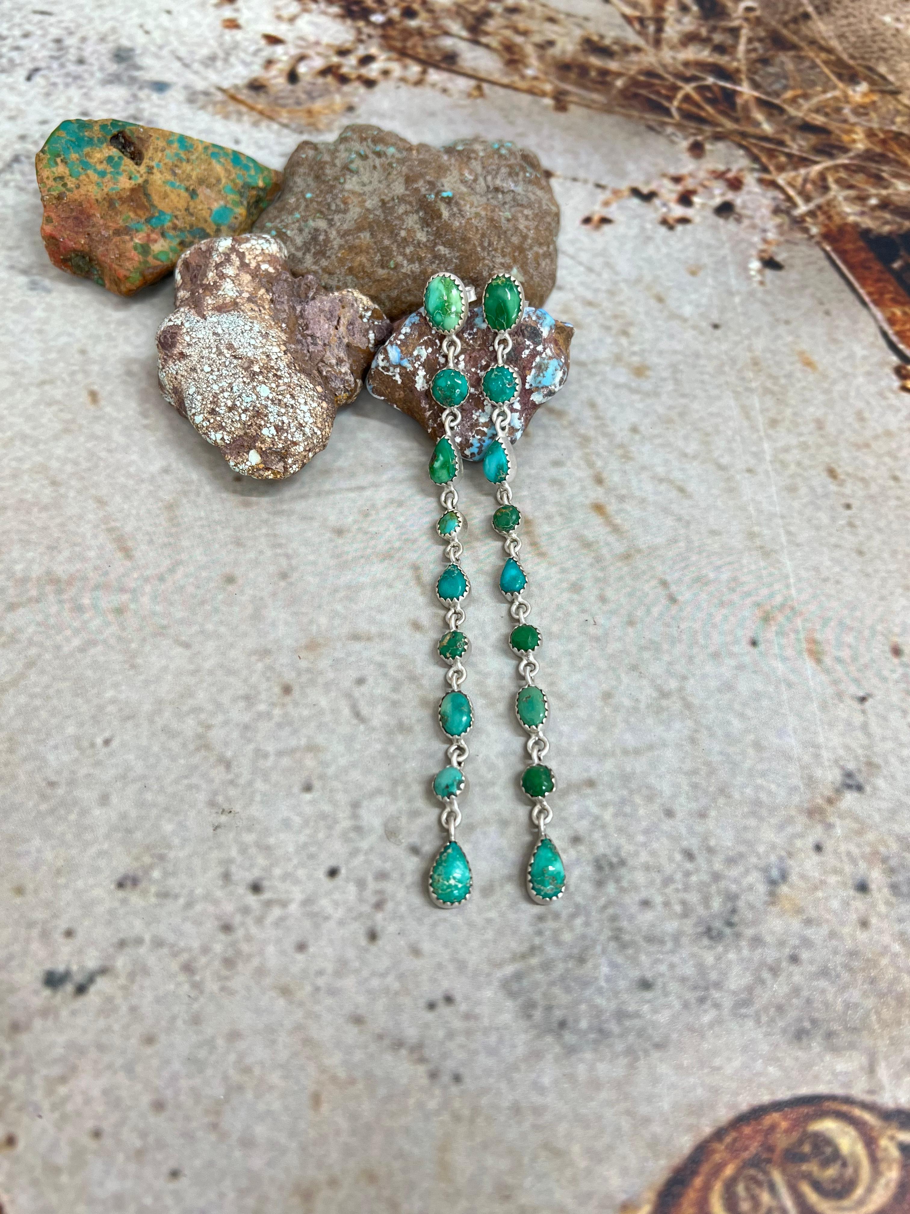 Handmade Sterling Silver Emerald Valley Post Dangle Earrings with Signed Nizhoni