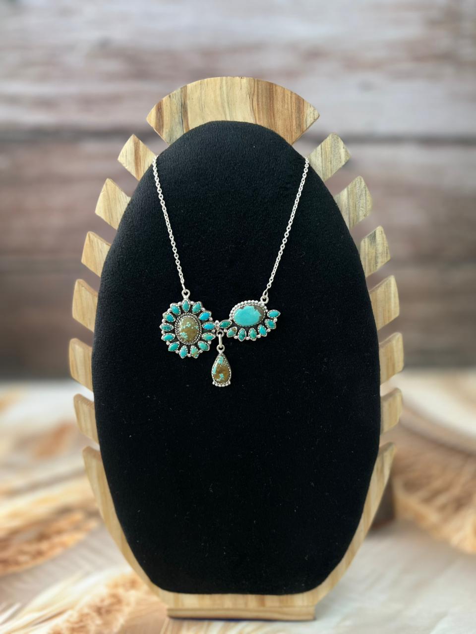Handmade Sterling Silver Kingman with Number 8 Turquoise Necklace "Signed Nizhoni"