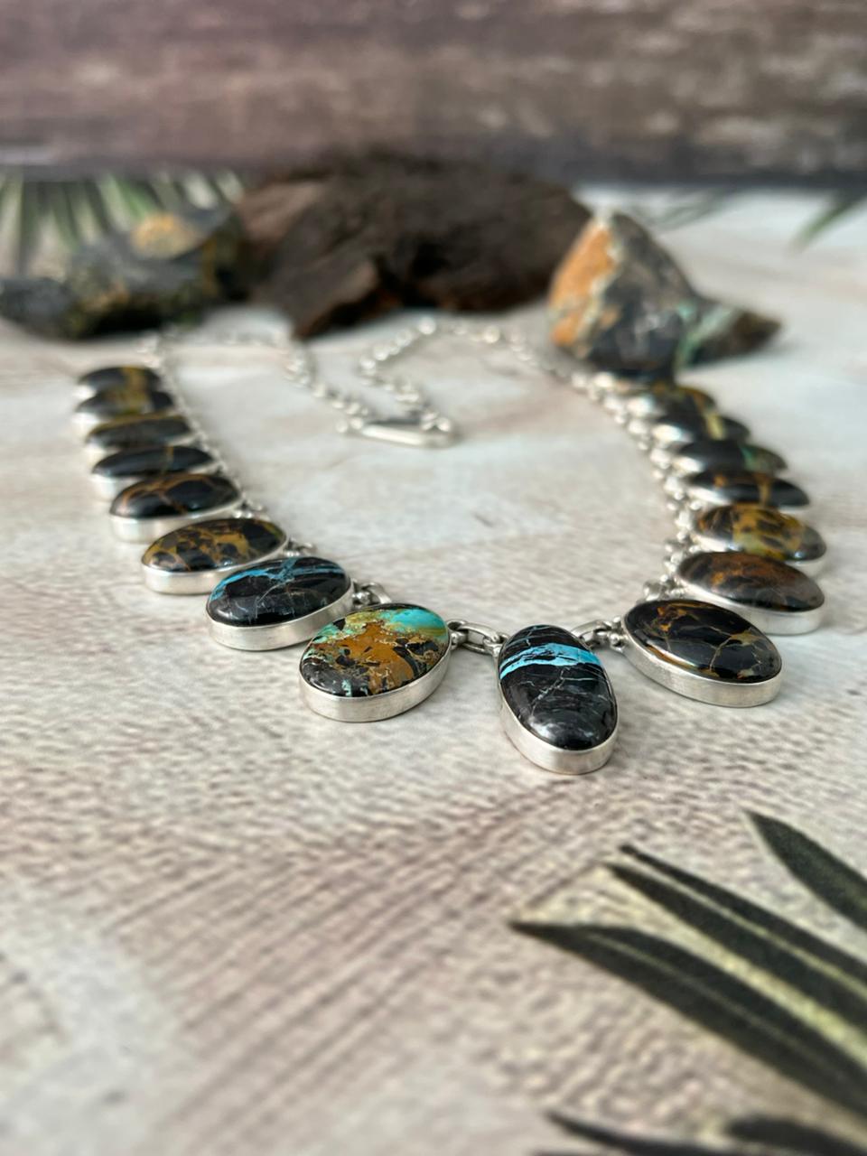 Handmade Sterling Silver Blackjack Turquoise Necklace "Signed Nizhoni"