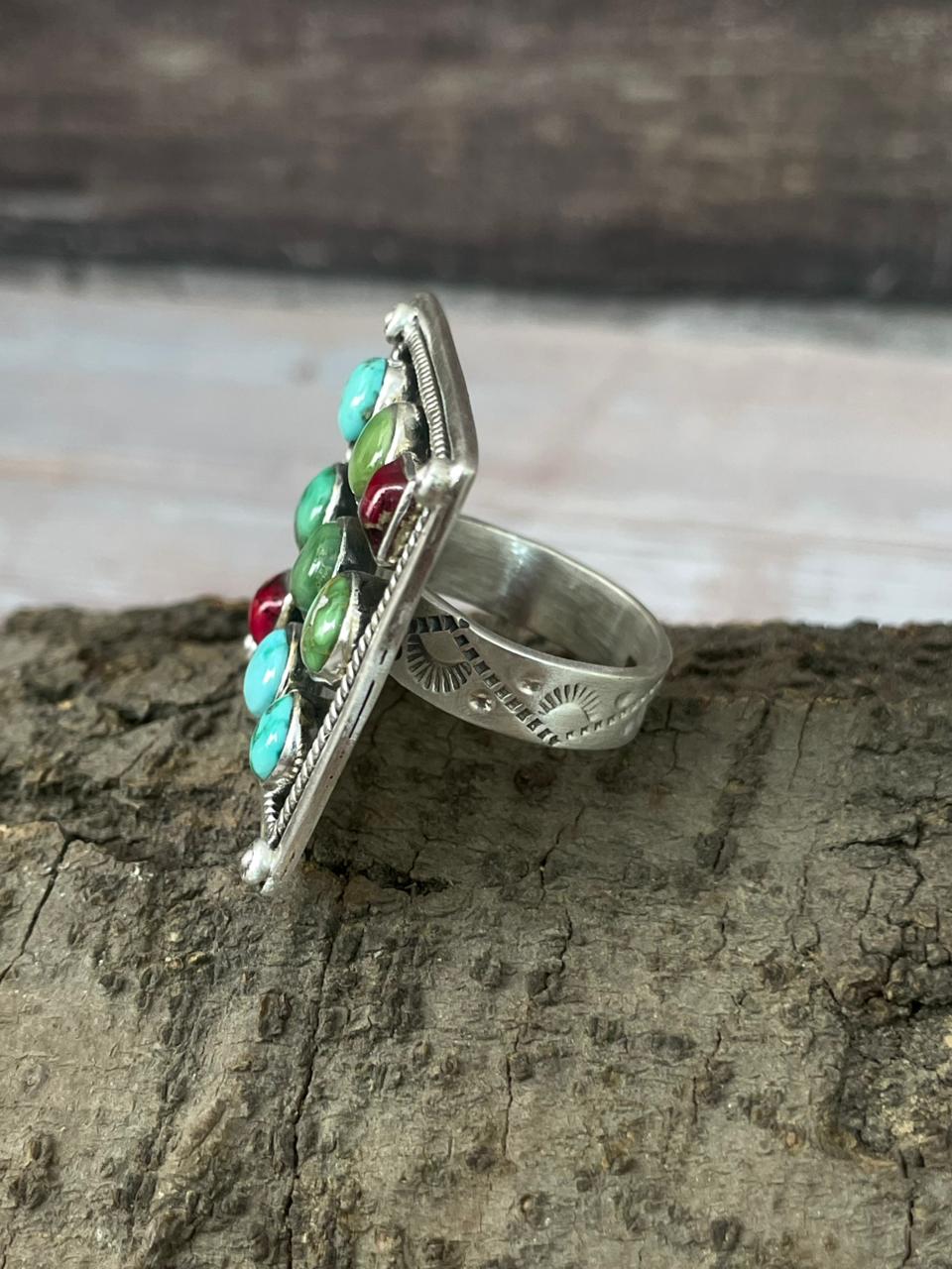 Handmade Sterling Silver Dahlia Rose With Emerald Valley Turquoise Ring "Signed Nizhoni"