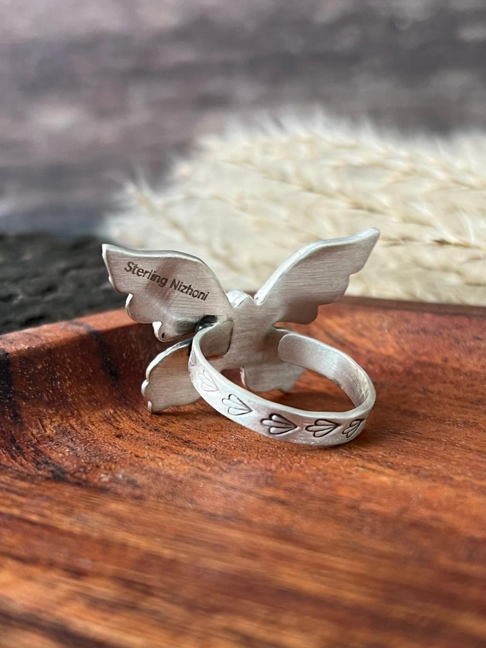 Handmade Sterling Silver Kingman Turquoise Adjustable Butterfly Ring "Signed Nizhoni"