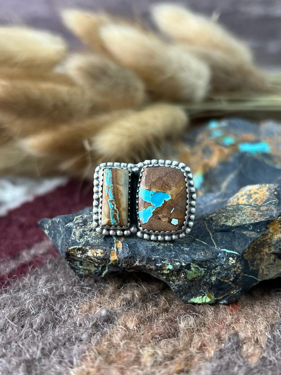Handmade Sterling Silver Royston Ribbon Turquoise Adjusatble Ring "Signed Nizhoni"