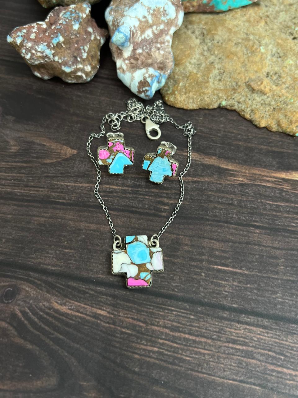 Handmade Sterling Silver Cotton Candy Turquoise Cross Necklace Earrings Set, Signed Nizhoni