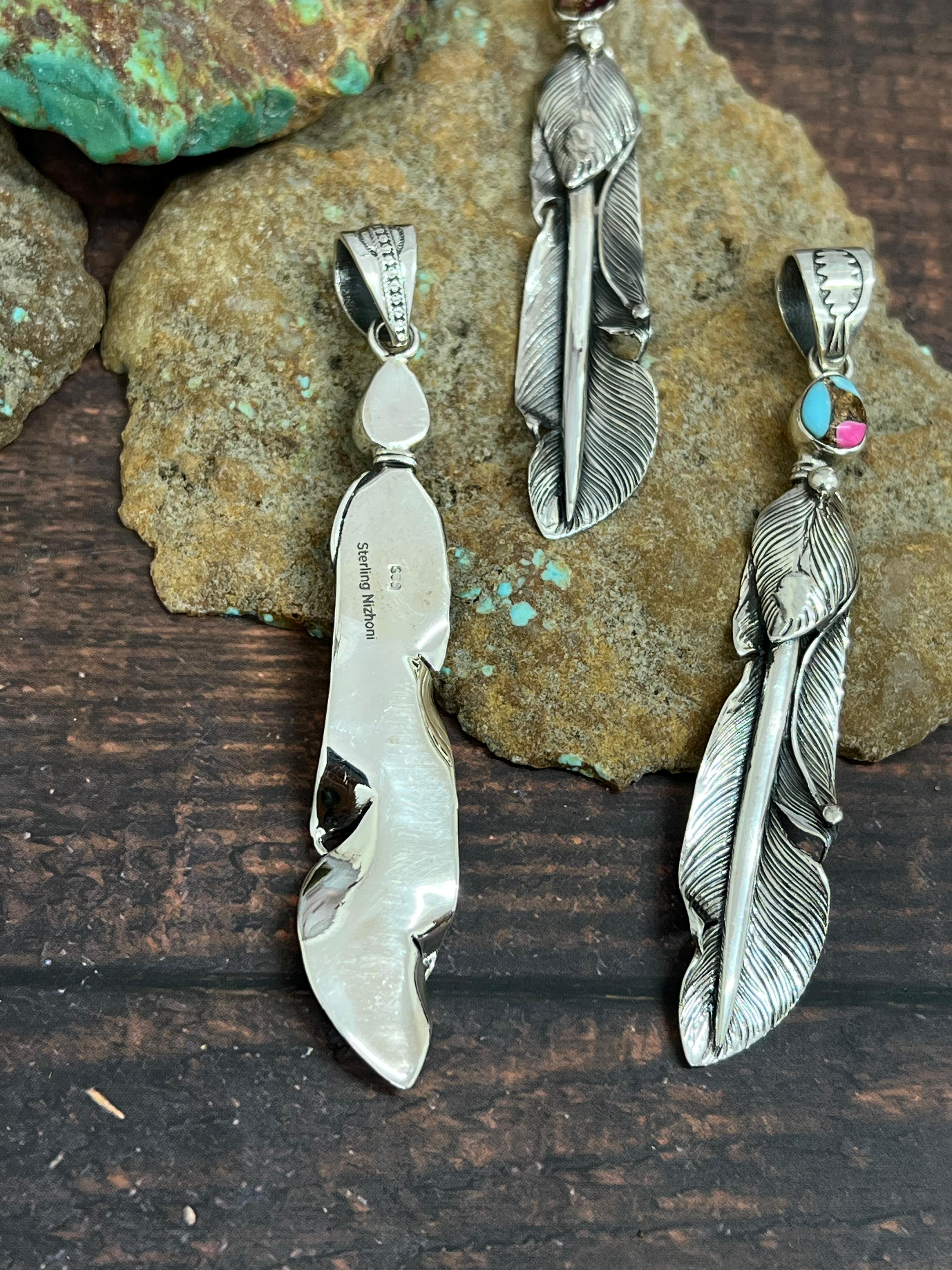 Handmade Sterling Silver Peacock Dahlia, Cotton Candy, Dahlia Rose Feather Pendant with Signed Nizhoni