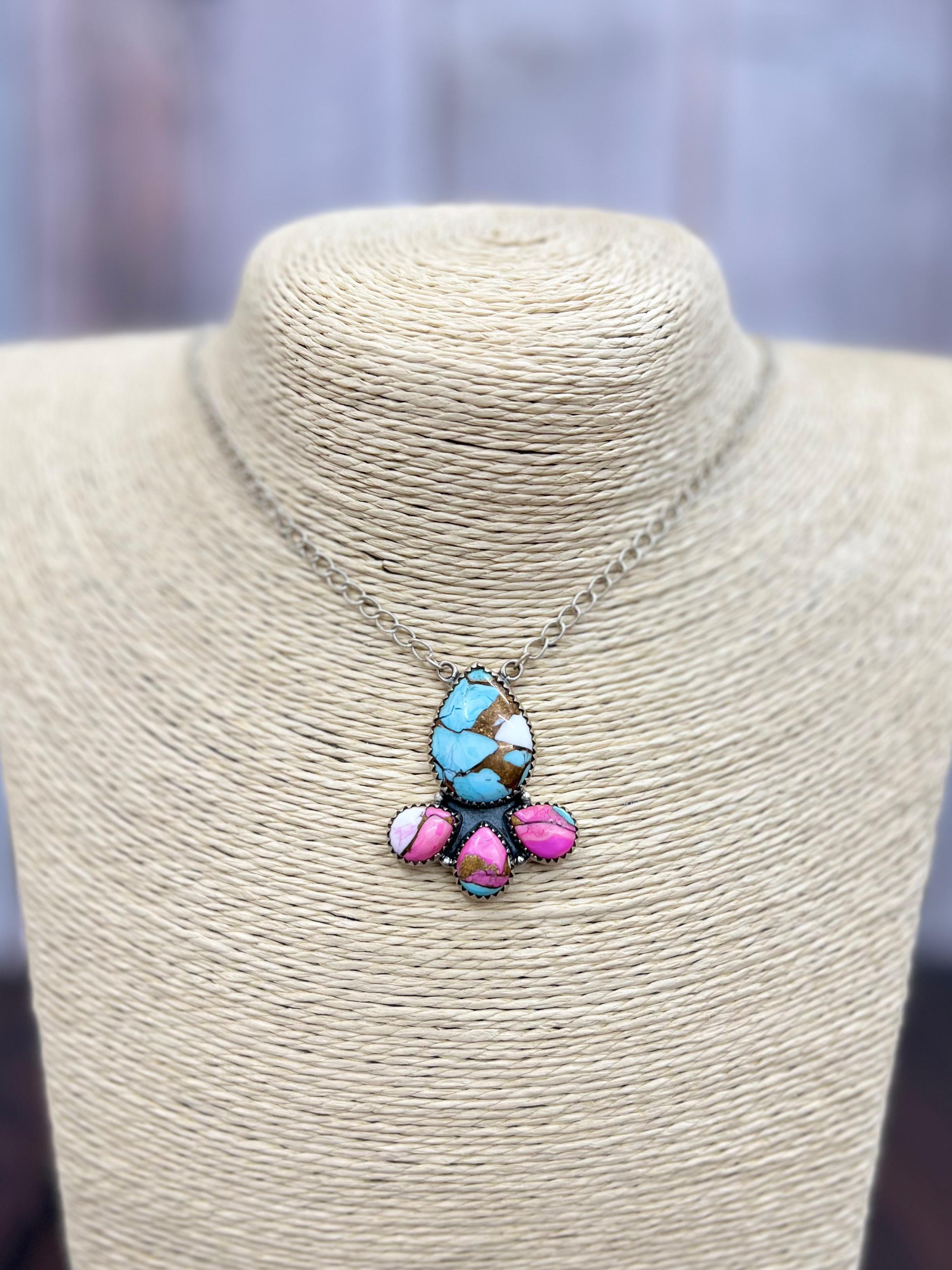 Handmade Sterling Silver Cotton Candy Turquoise Necklace with Signed Nizhoni