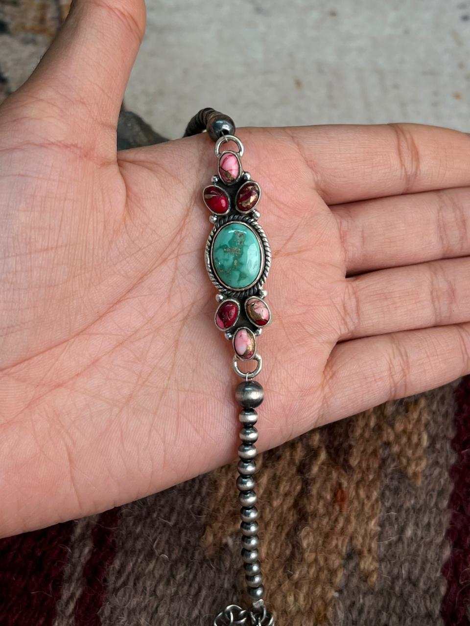 Handmade Sterling Silver Dahlia Rose with Emerald Valley Turquoise Beaded Bracelet "Signed Nizhoni"
