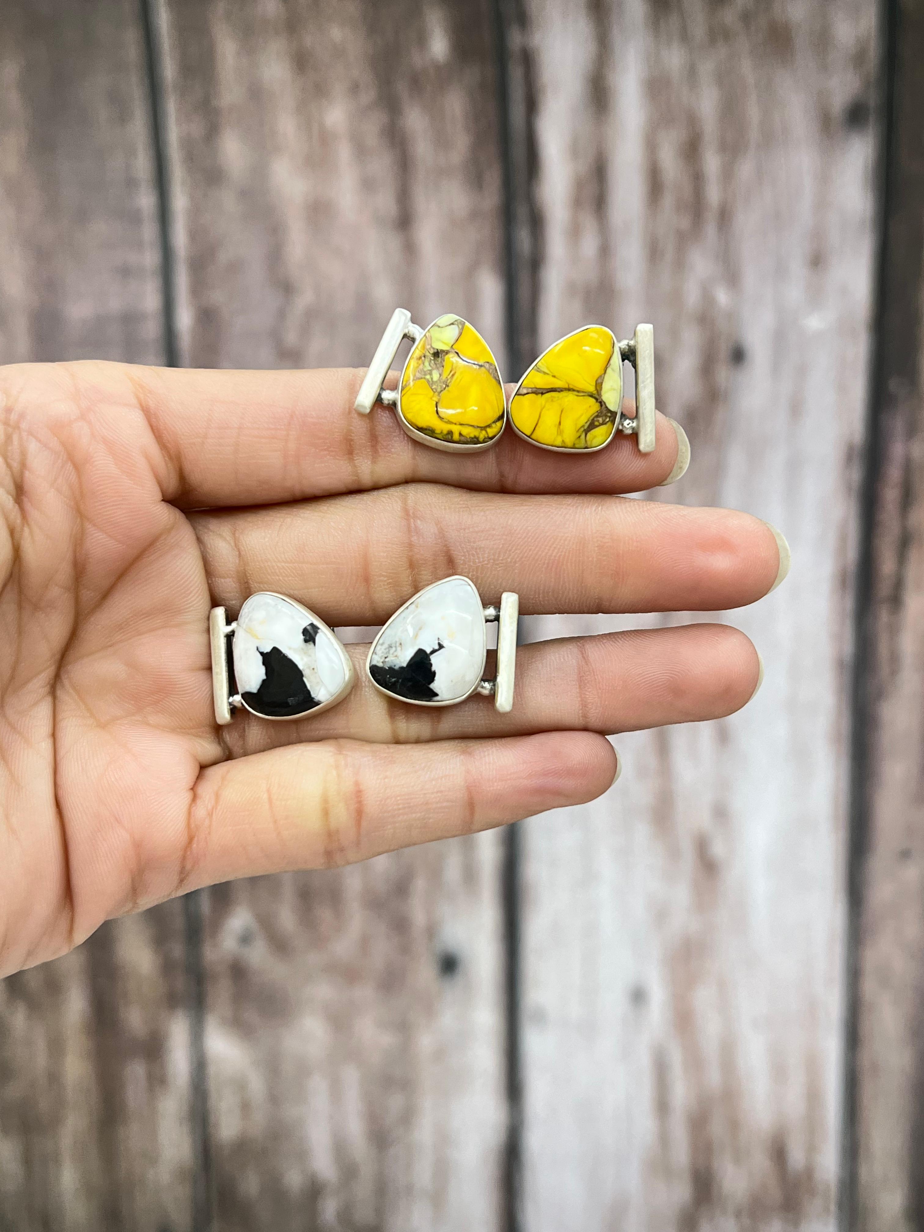 Handmade Sterling Silver Honey Dahlia, White Buffalo Turquoise Earrings with Signed Nizhoni