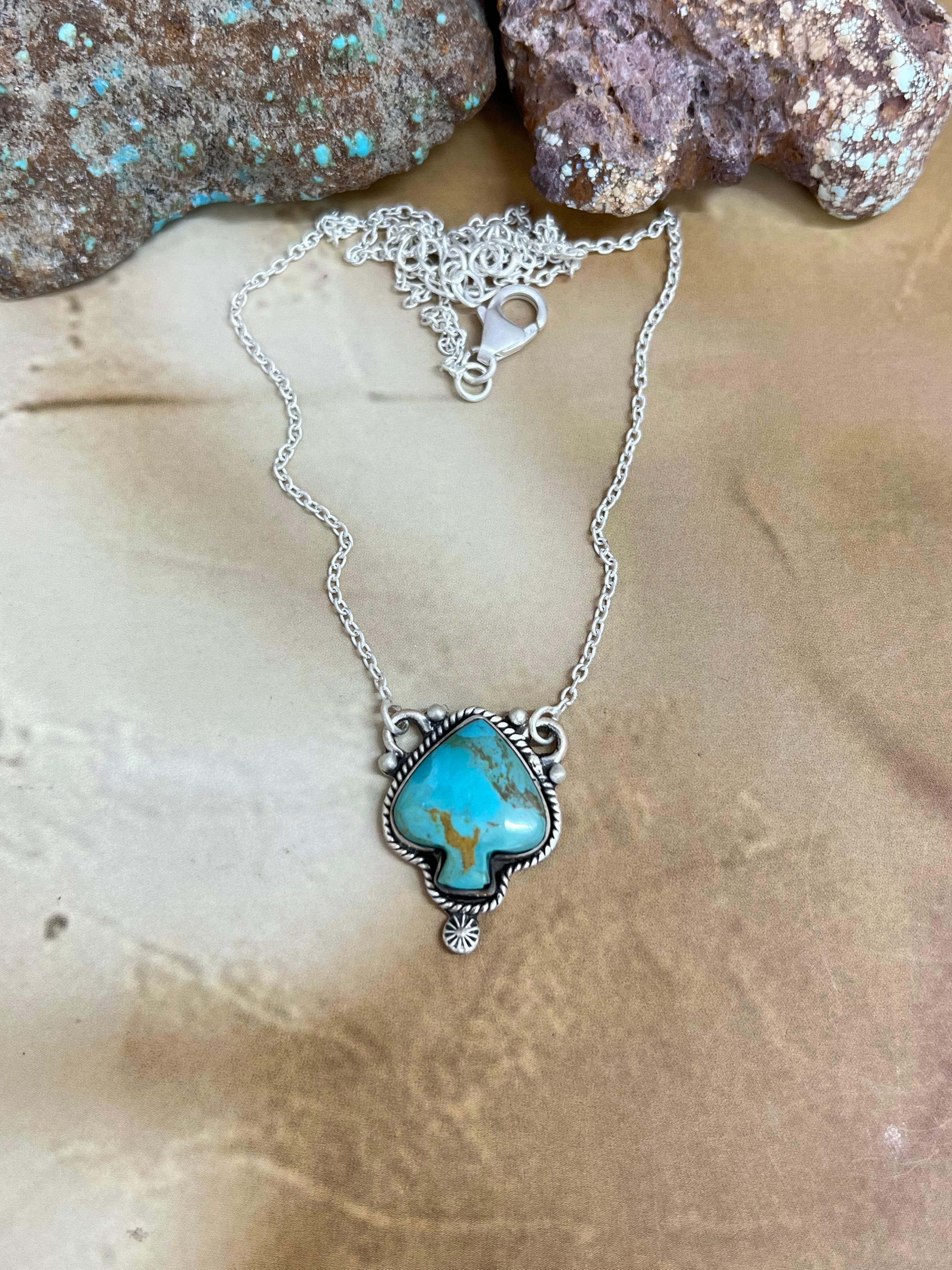 Handmade Sterling Silver Kingman Turquoise Spade Necklace with Signed Nizhoni
