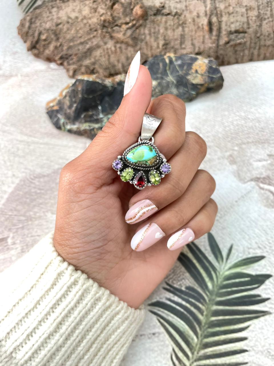 Handmade Sterling Silver Sonoran with Cut Stones Pendant "Signed Nizhoni"