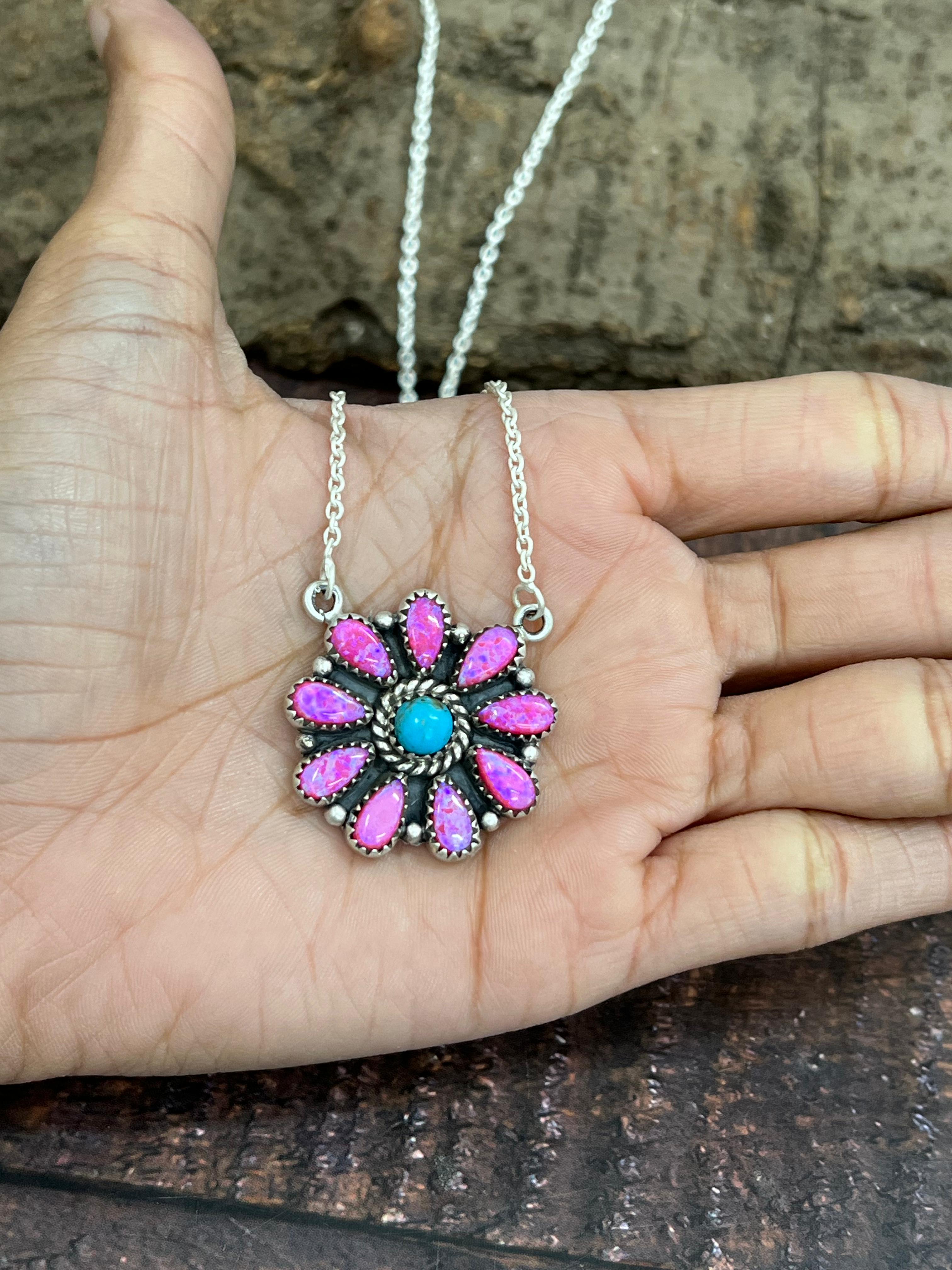 Handmade Sterling Silver Hot Pink with Kingman Turquoise Necklace, Signed Nizhoni