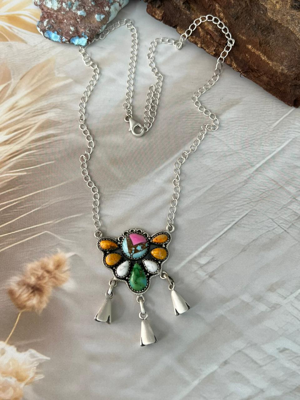 Handmade Sterling Silver Spring Collection: White Buffalo with Cotton Candy, Bumblebee and Sonoran Necklace "Signed Nizhoni"