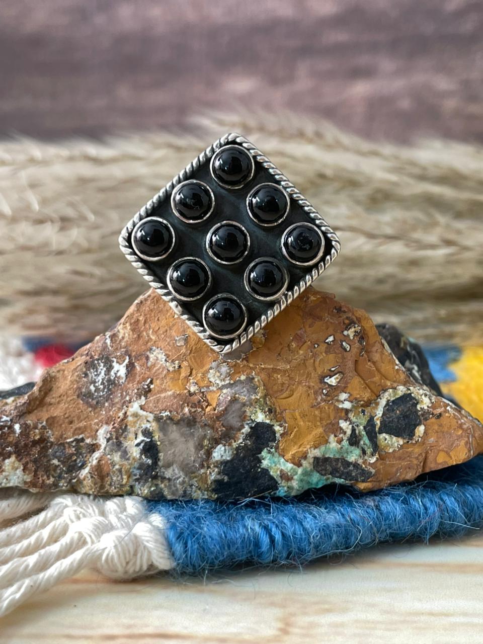 Handmade Sterling Silver Black Onyx Adjustable Ring "Signed Nizhoni"