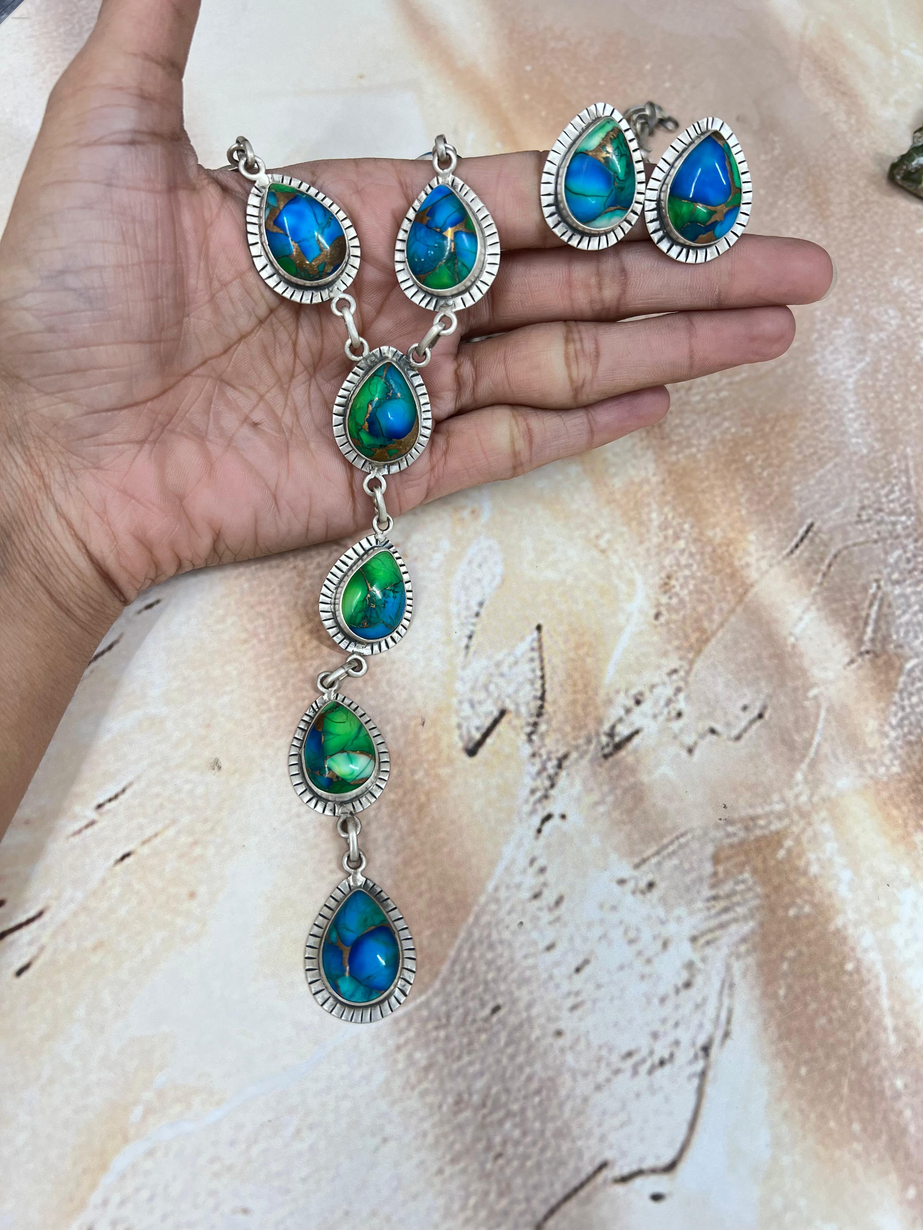 Handmade Sterling Silver White Buffalo Turquoise, Peacock Dahlia Necklace Earrings Set, Signed Nizhoni