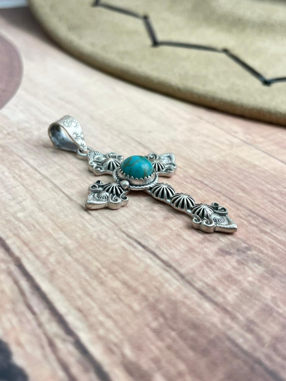 Handmade Sterling Silver Kingman Turquoise Cross Pendant "Signed Nizhoni"