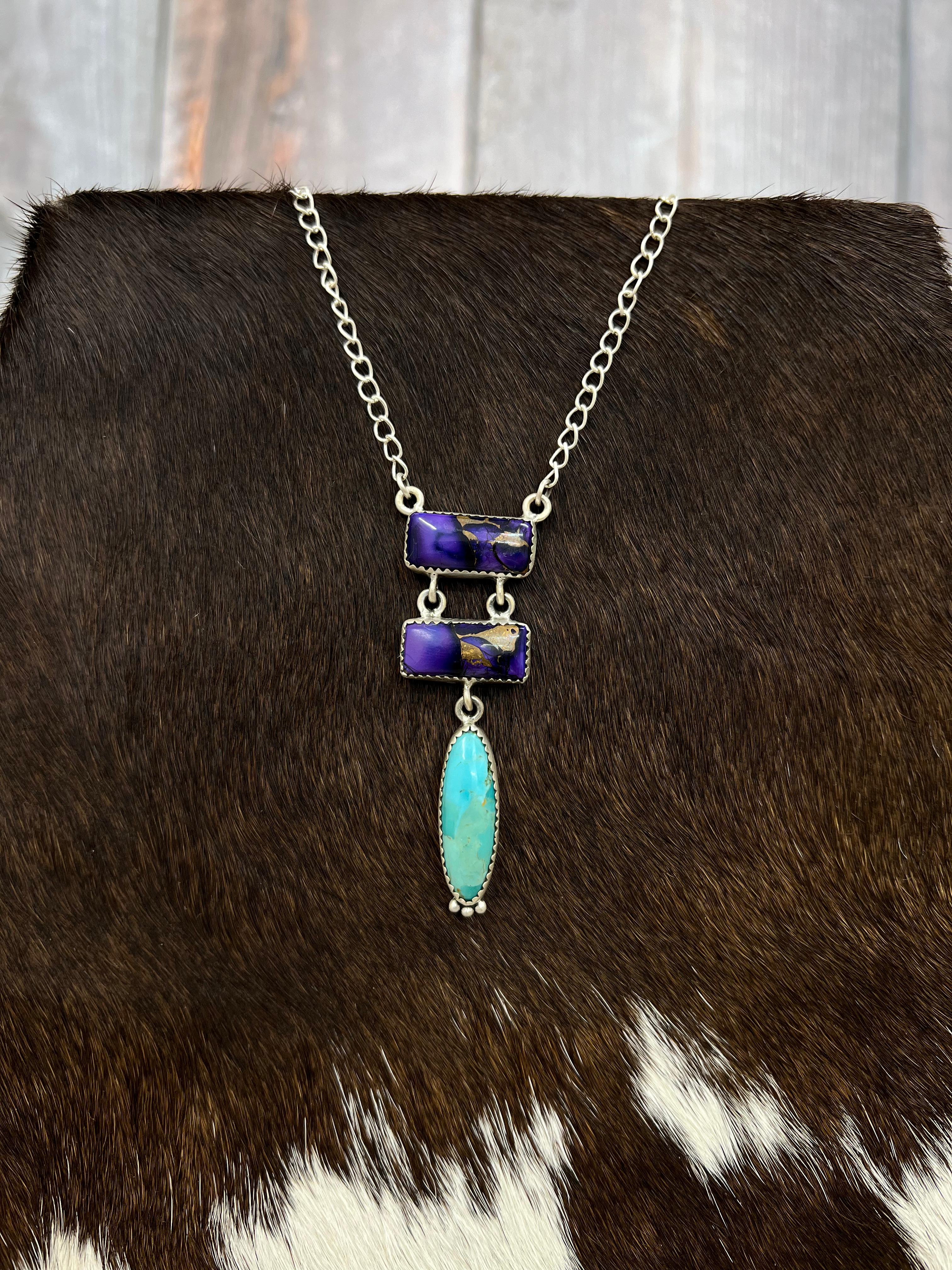 Handmade Sterling Silver Grape Dahlia Kingman Turquoise Necklace with Signed Nizhoni