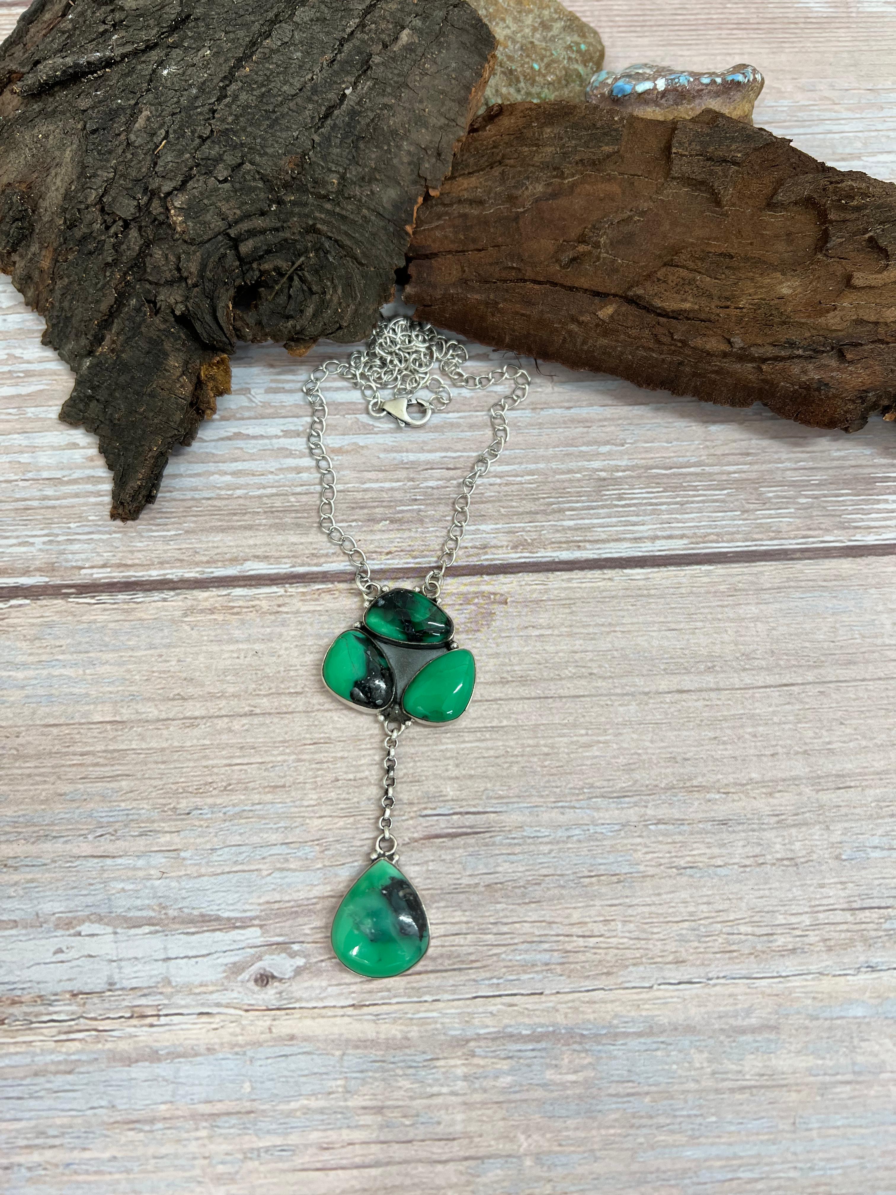 Handmade Sterling Silver Emerald Rose Necklace with Signed Nizhoni