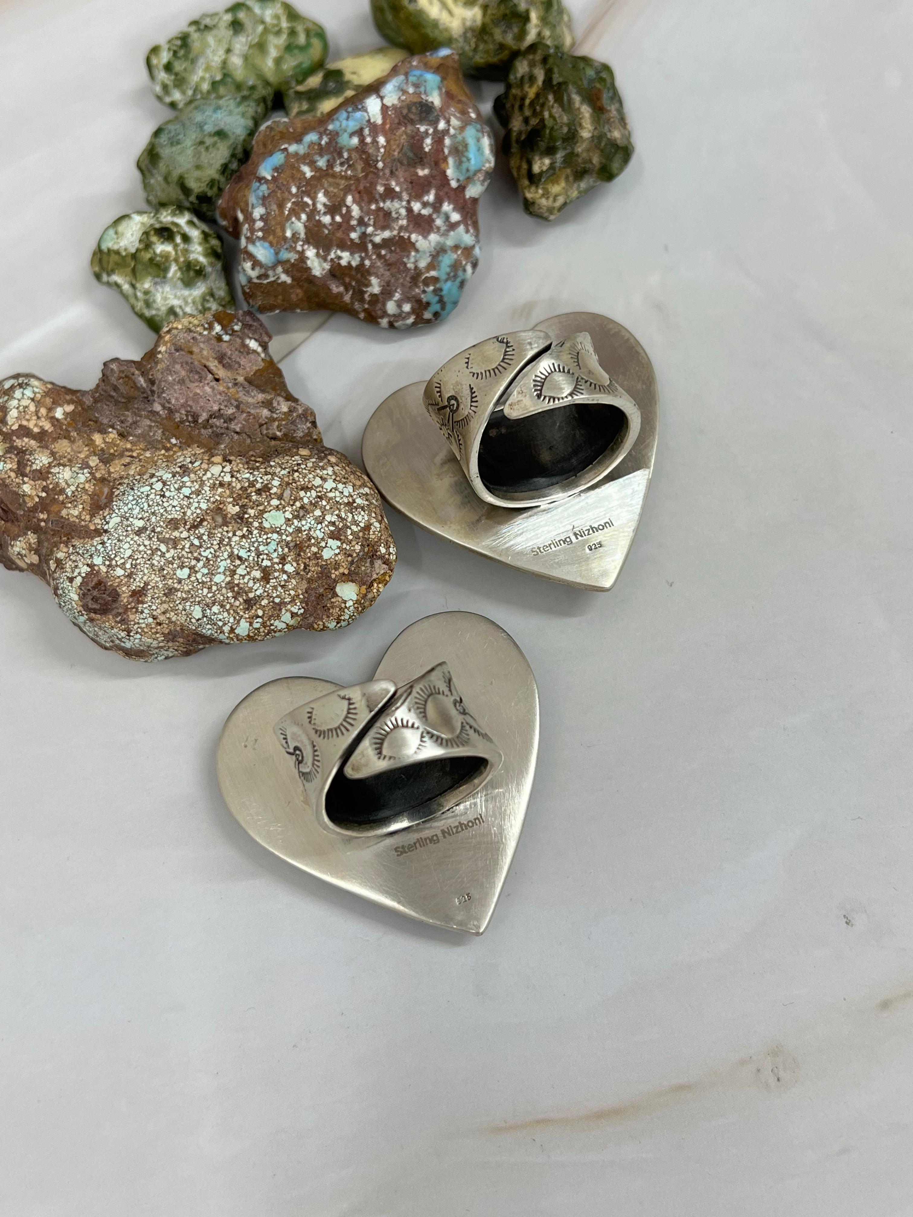 Handmade Sterling Silver Palomino, Sonoran Mountain Turquoise Heart Adjustable Ring with Signed Nizhoni