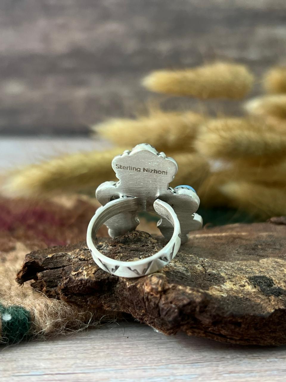 Handmade Sterling Silver Hot Pink with Golden Hills Turquoise Adjustable Ring "Signed Nizhoni"