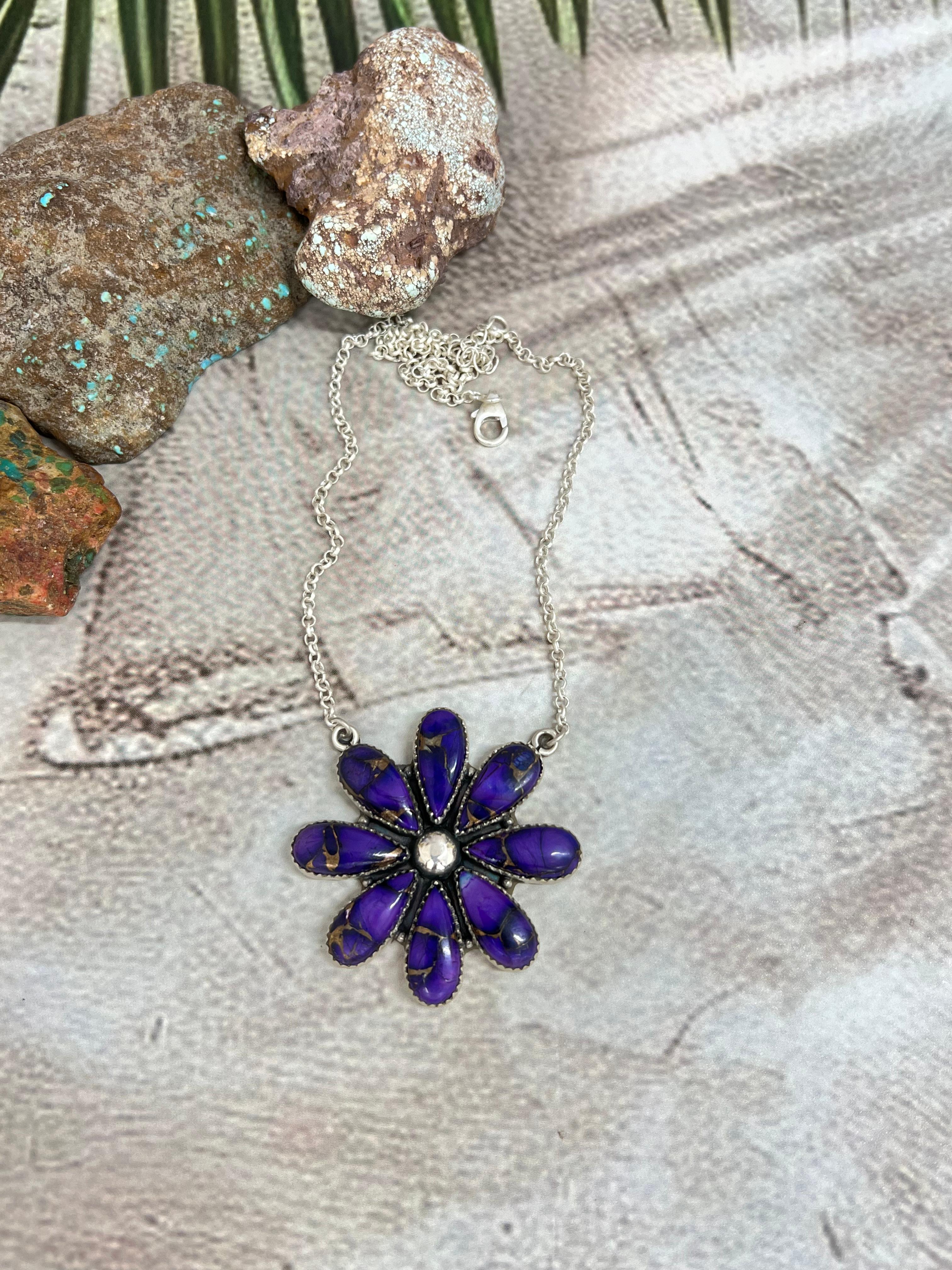 Handmade Sterling Silver Grape Dahlia Necklace with Signed Nizhoni