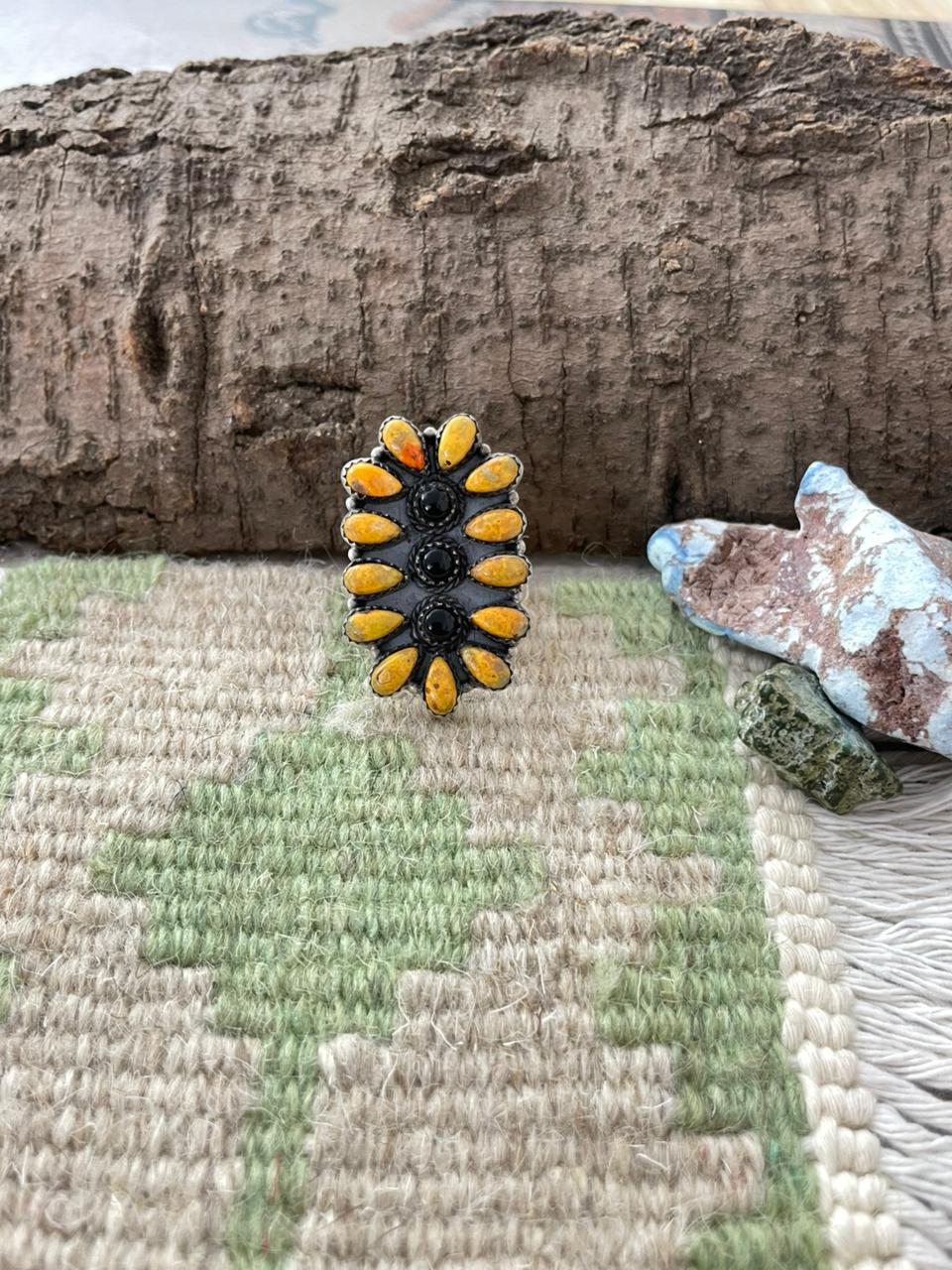"Halloween Collection" Handmade Sterling Silver Black Onyx, Bumblebee Adjustable Ring with Signed Nizhoni