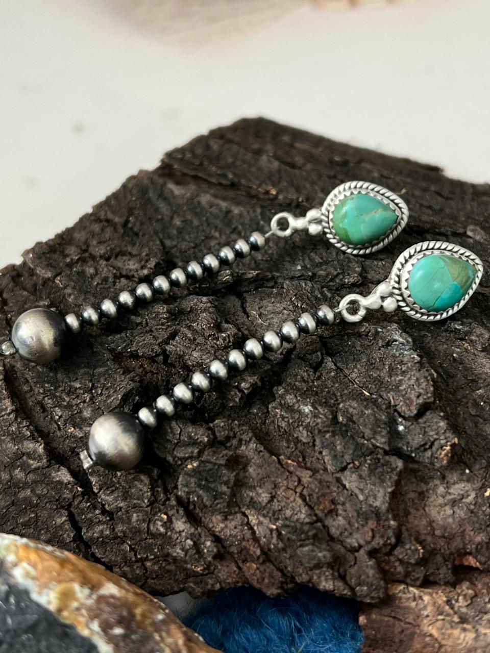 Handmade Sterling Silver Beaded Kingman Turquoise Post Dangle Earrings "Signed Nizhoni"