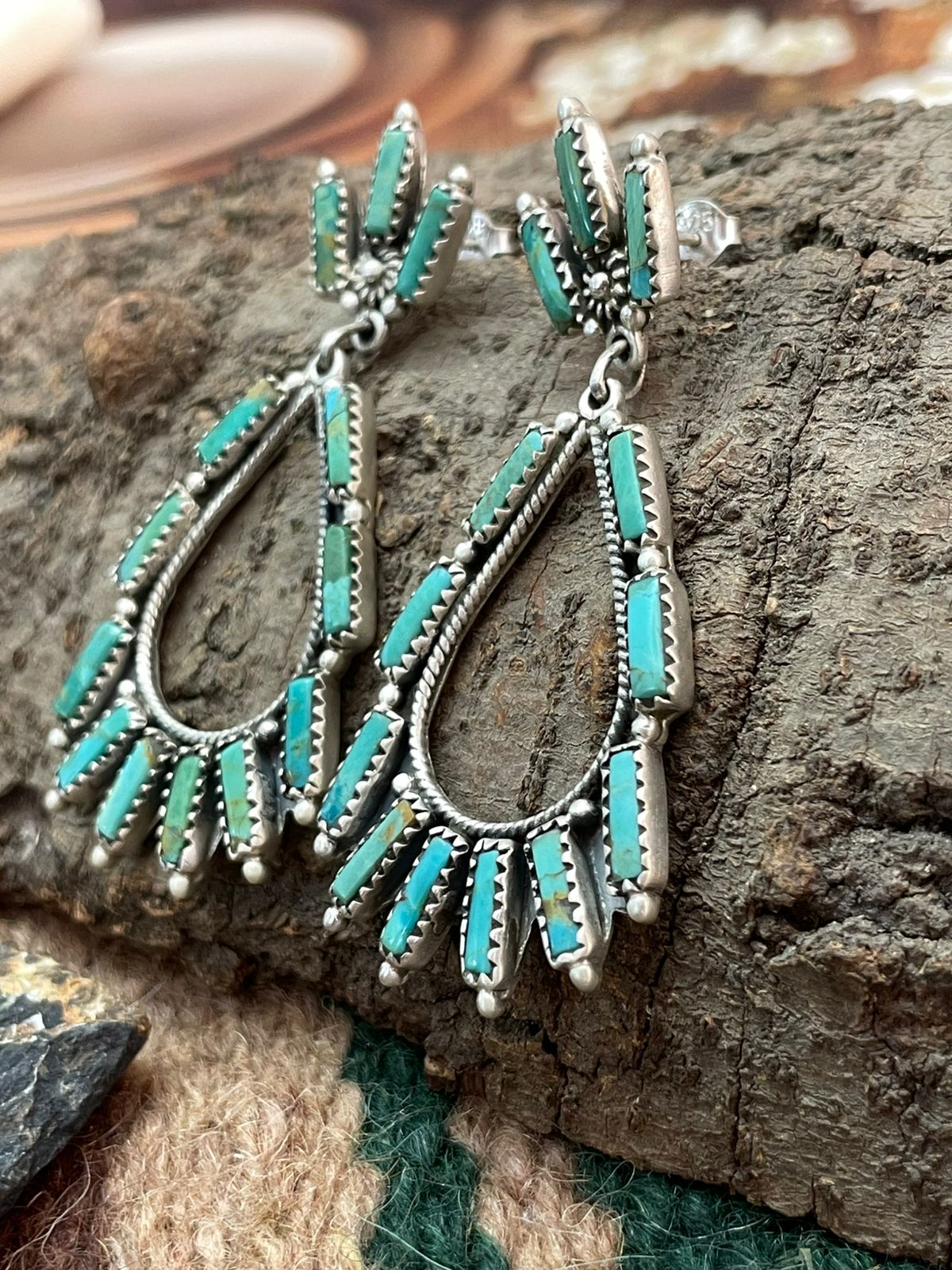 Handmade Sterling Silver Kingman Turquoise Post Dangle Earrings "Signed Nizhoni"
