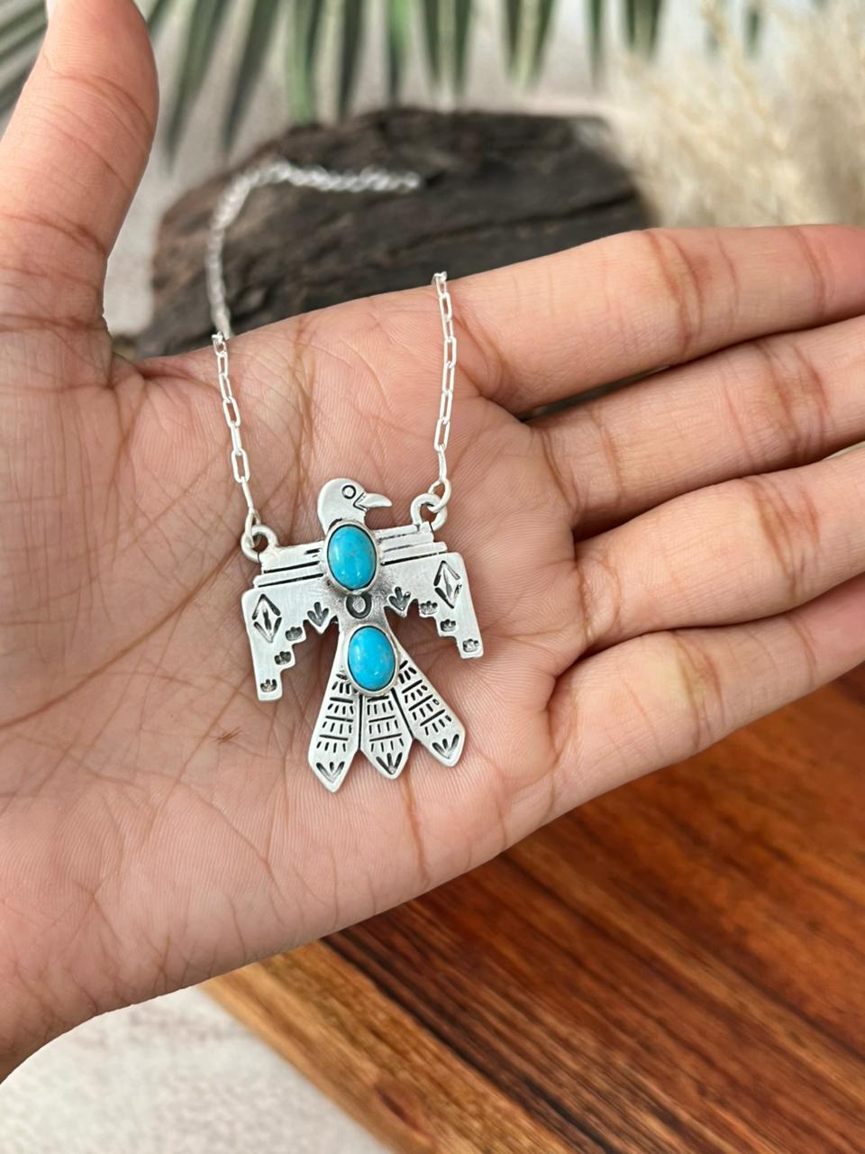 Handmade Sterling Silver Kingman Turquoise Thunder Bird Necklace "Signed Nizhoni"