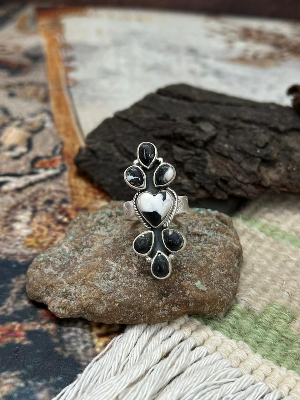 Handmade Sterling Silver White Buffalo Turquoise Adjustable Ring "Signed Nizhoni"